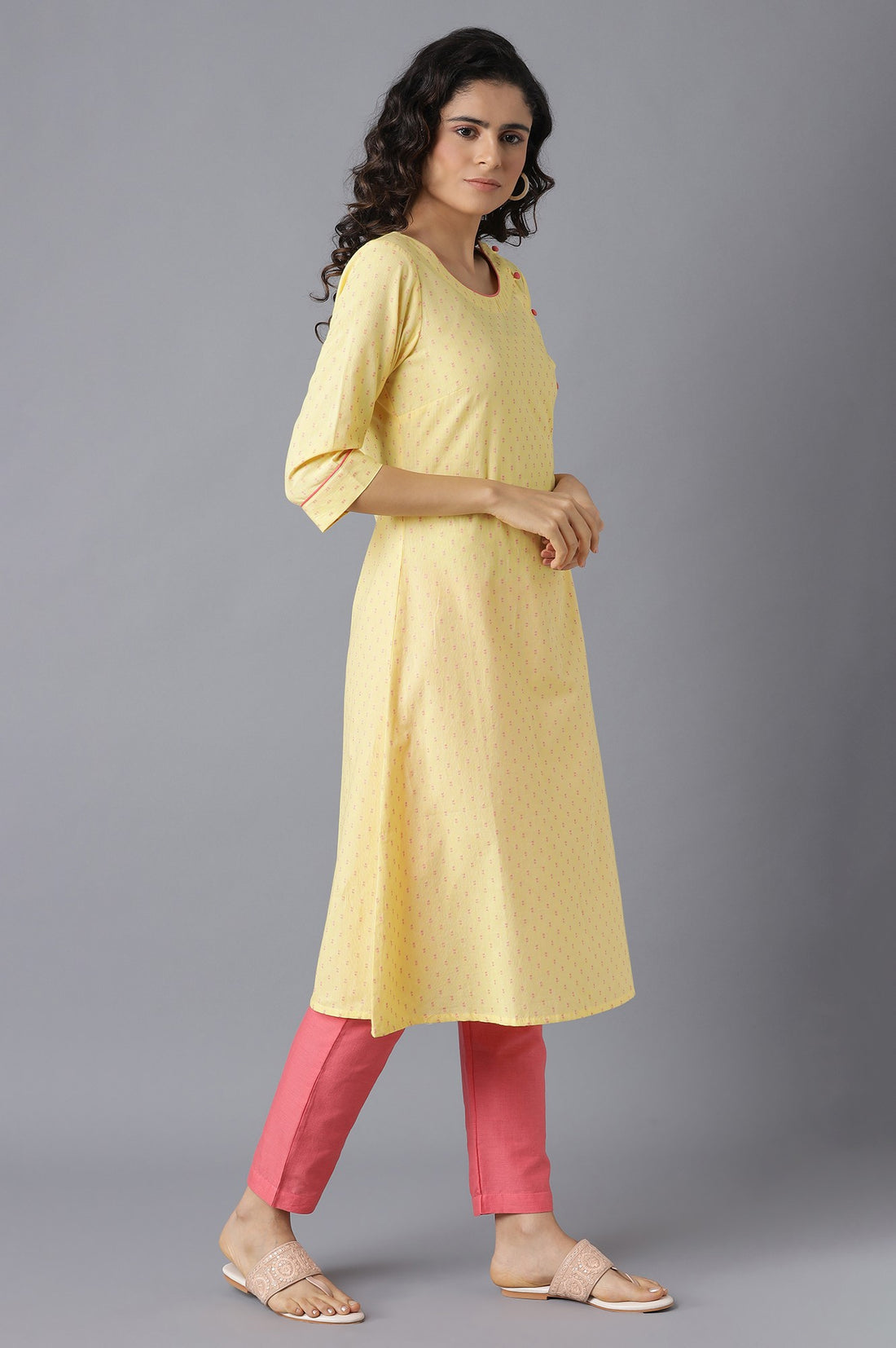 Yellow Printed A-Line kurta-Pink Trousers Set