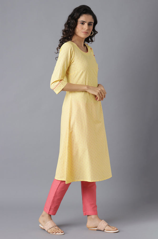 Yellow Printed A-Line kurta-Pink Trousers Set