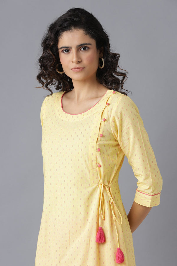 Yellow Printed A-Line kurta-Pink Trousers Set