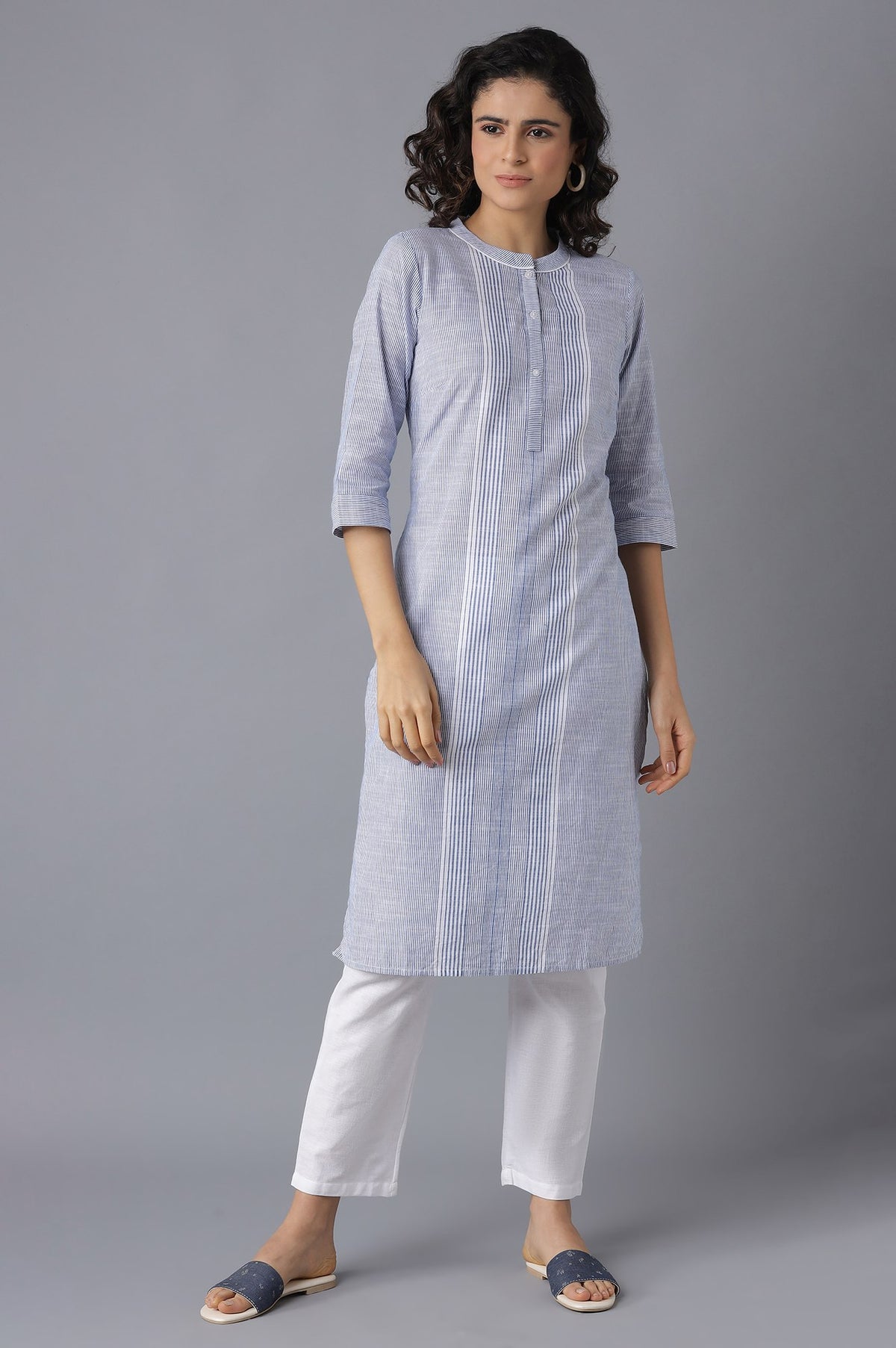 Blue Printed kurta-White Palazzo - XS