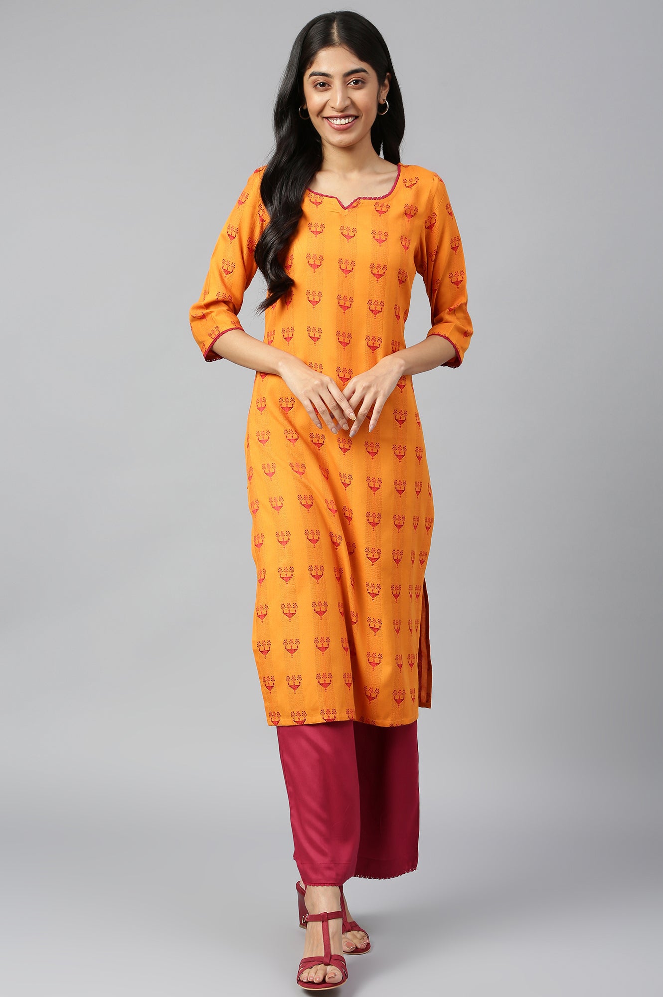 Orange Printed kurta-Maroon Palazzo Set