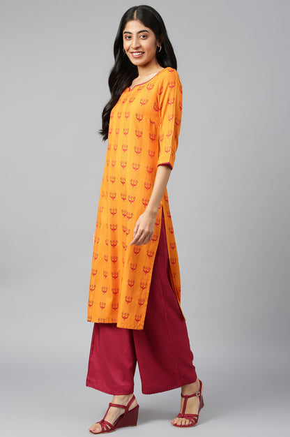 Orange Printed kurta-Maroon Palazzo Set