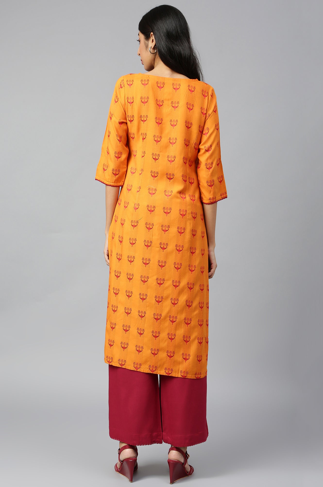 Orange Printed kurta-Maroon Palazzo Set