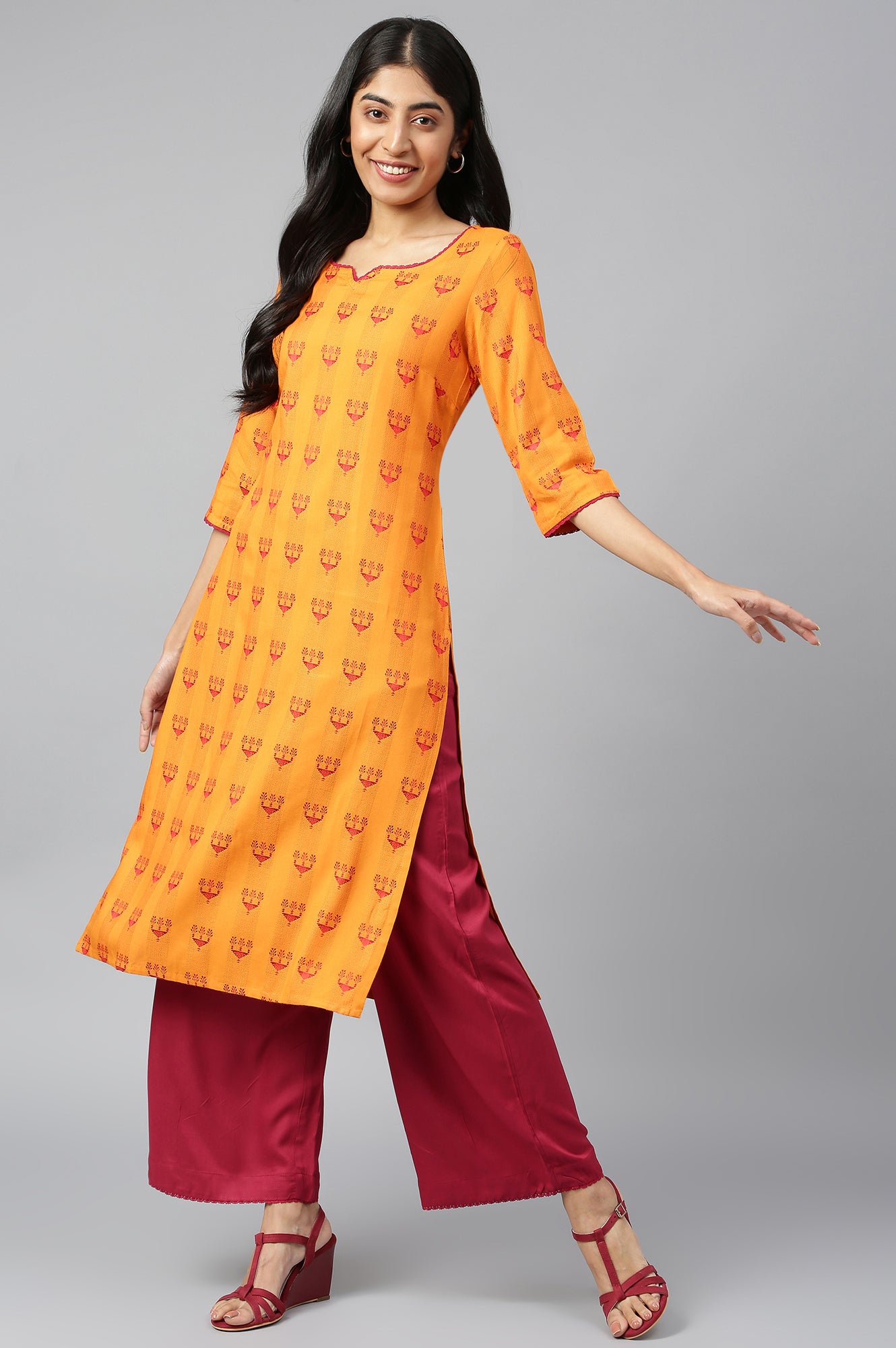 Orange Printed kurta-Maroon Palazzo Set