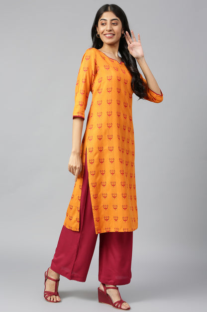 Orange Printed kurta-Maroon Palazzo Set