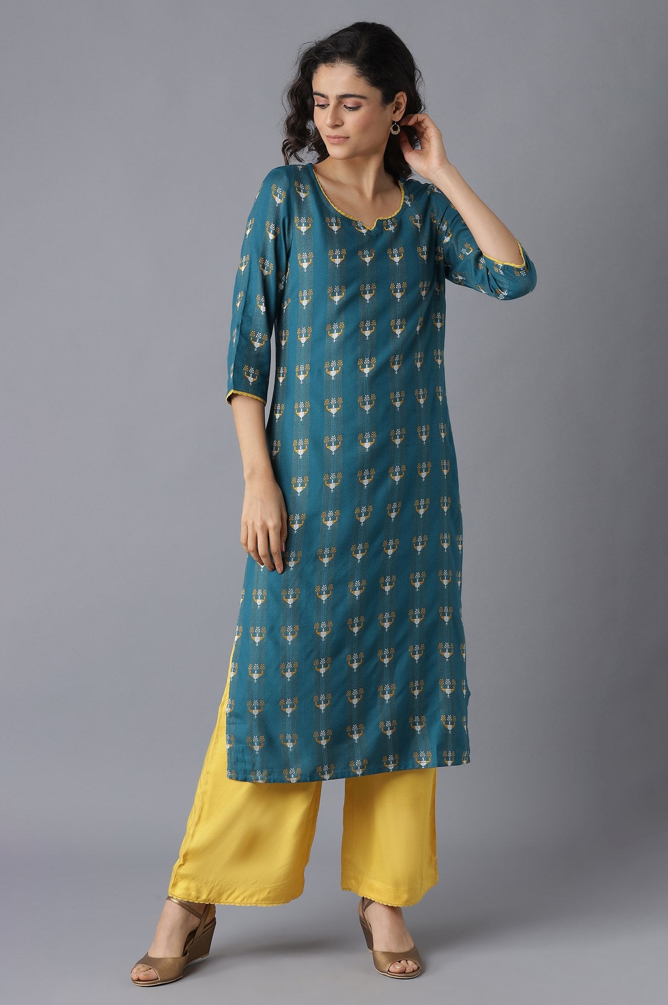 Green Printed kurta-Mustard Palazzo Set