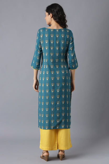 Green Printed kurta-Mustard Palazzo Set