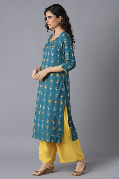 Green Printed kurta-Mustard Palazzo Set