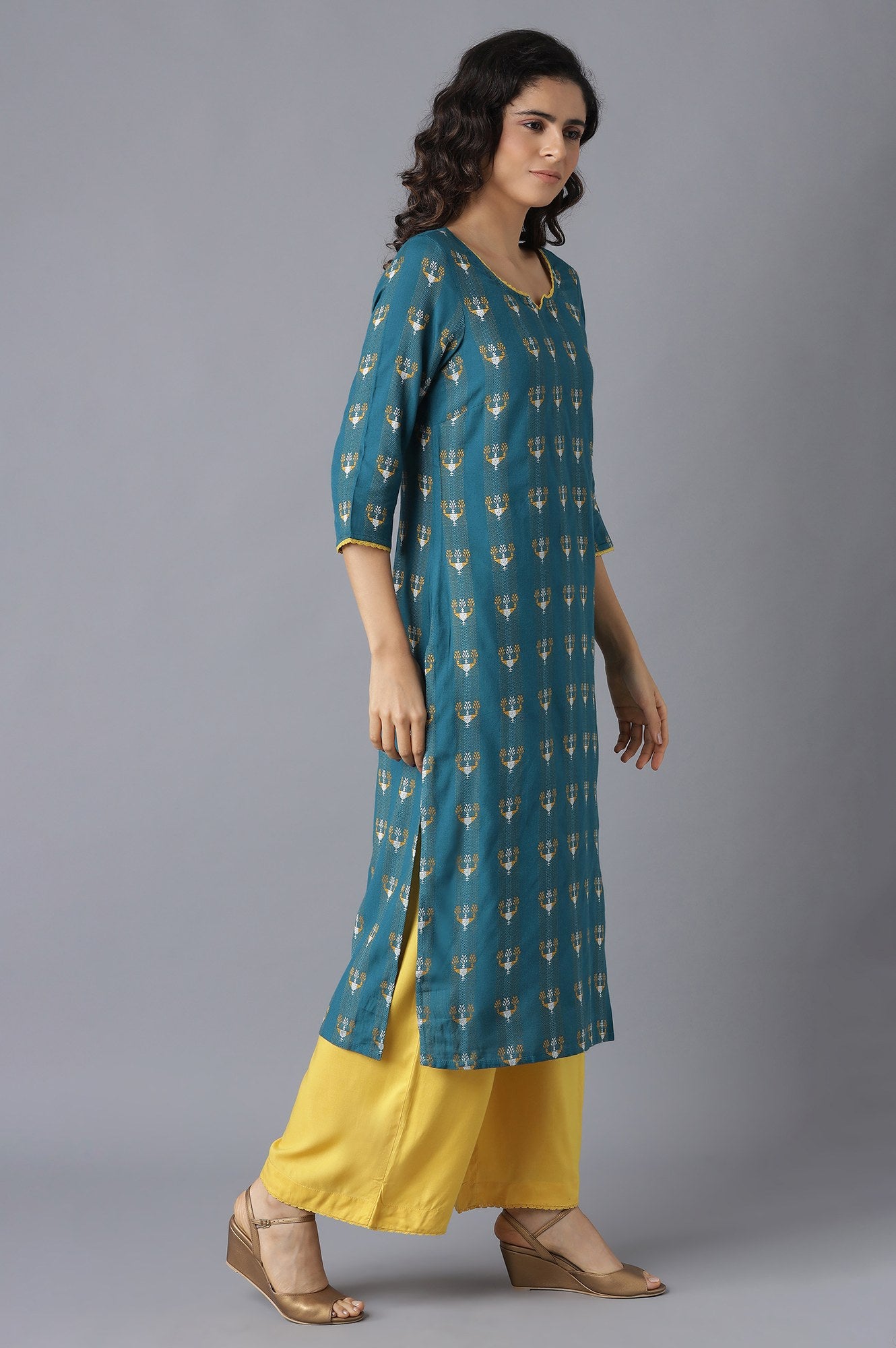 Green Printed kurta-Mustard Palazzo Set