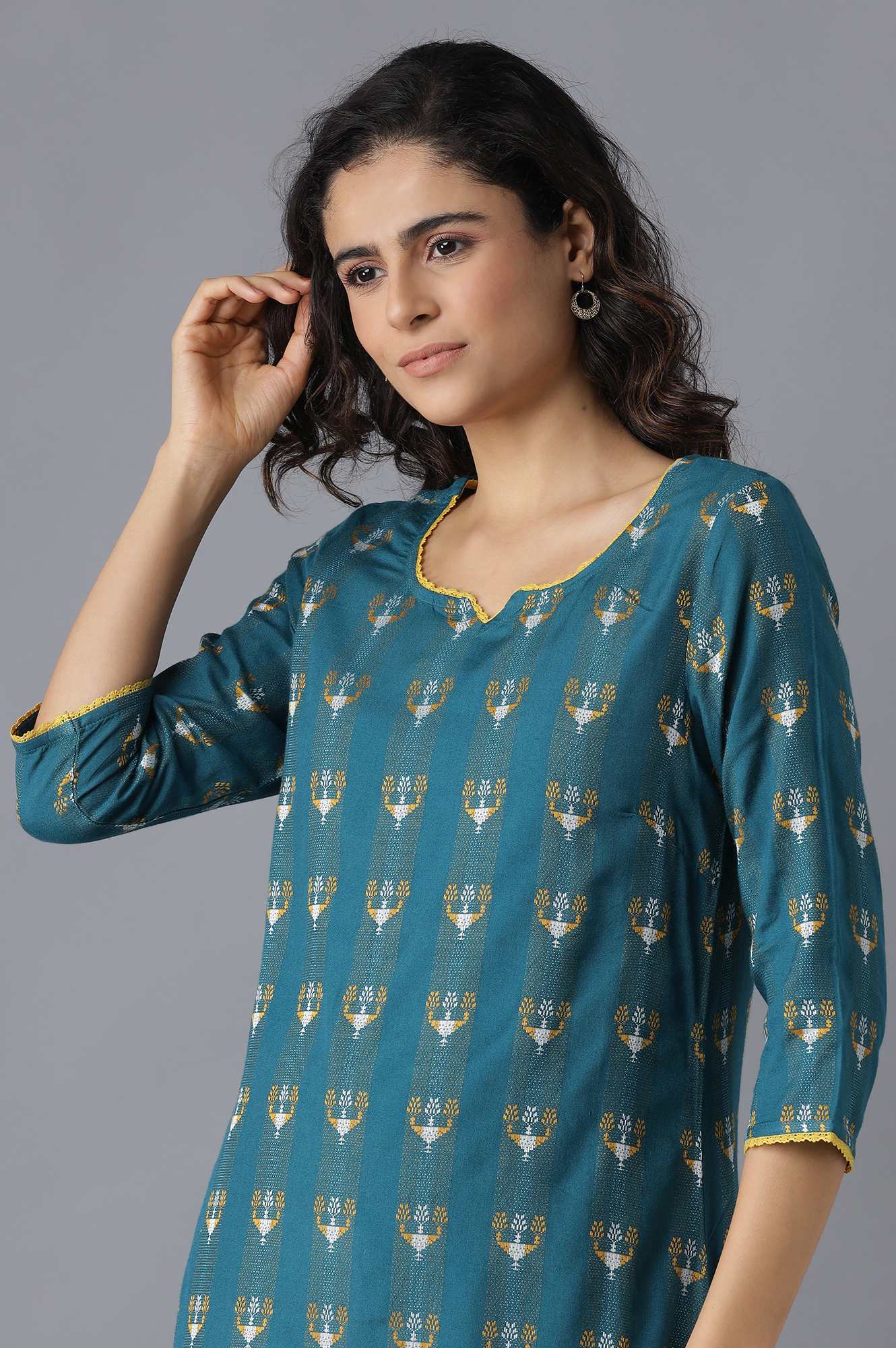 Green Printed kurta-Mustard Palazzo Set