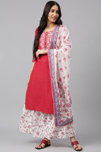 Red Embroidered kurta- Light Pink Palazzo-Dupatta