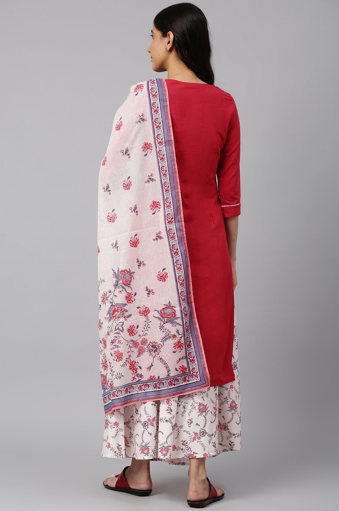 Red Embroidered kurta- Light Pink Palazzo-Dupatta