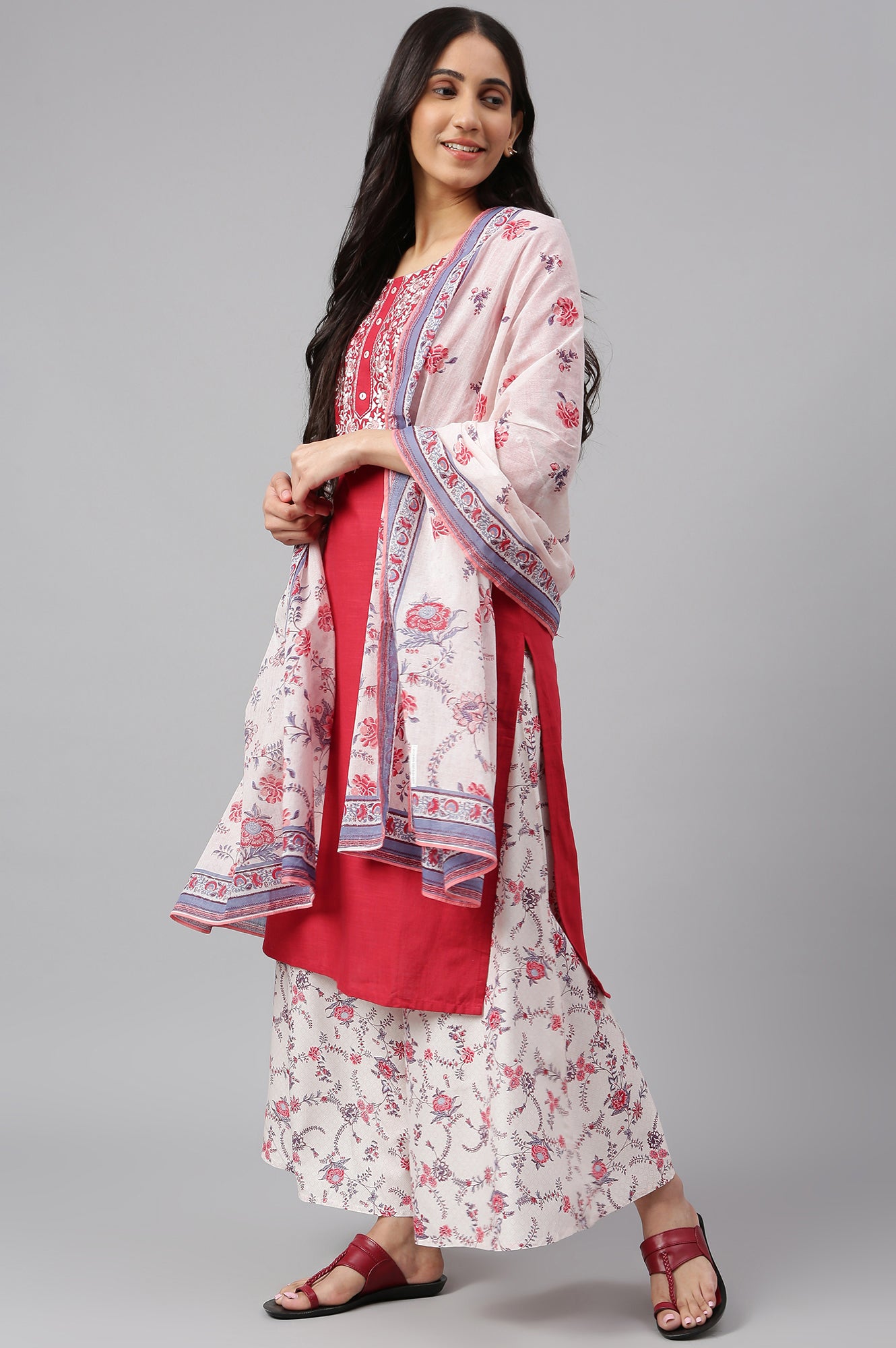 Red Embroidered kurta- Light Pink Palazzo-Dupatta