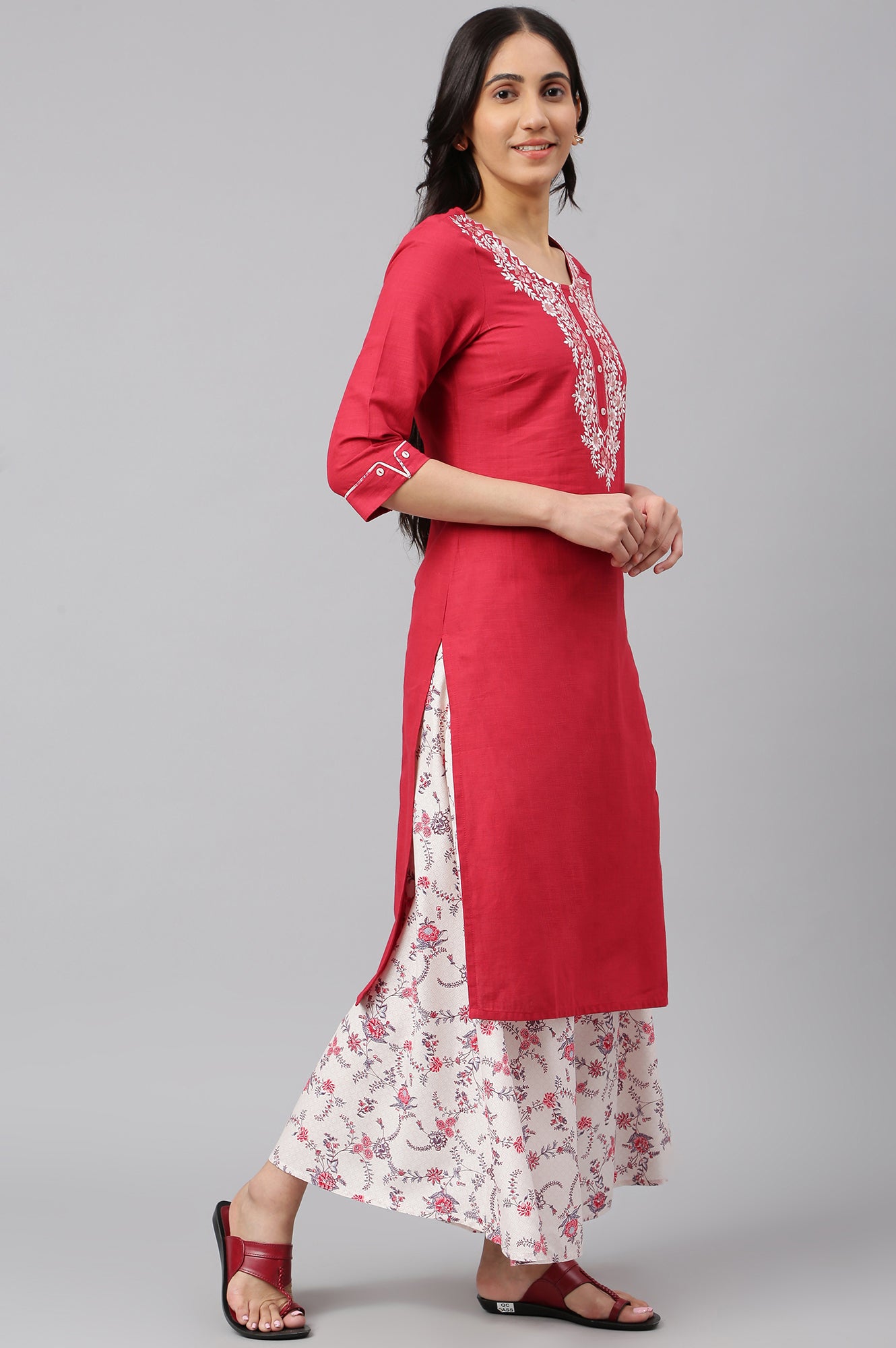 Red Embroidered kurta- Light Pink Palazzo-Dupatta