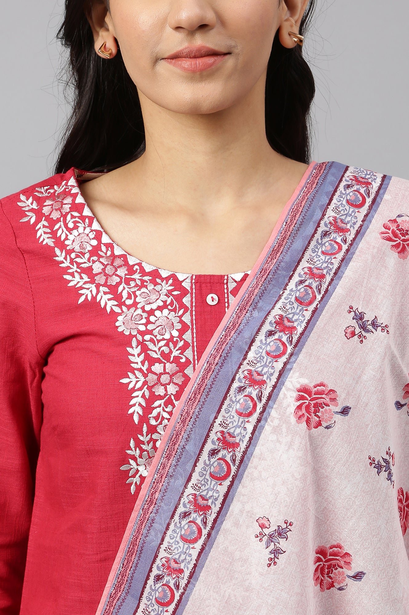 Red Embroidered kurta- Light Pink Palazzo-Dupatta