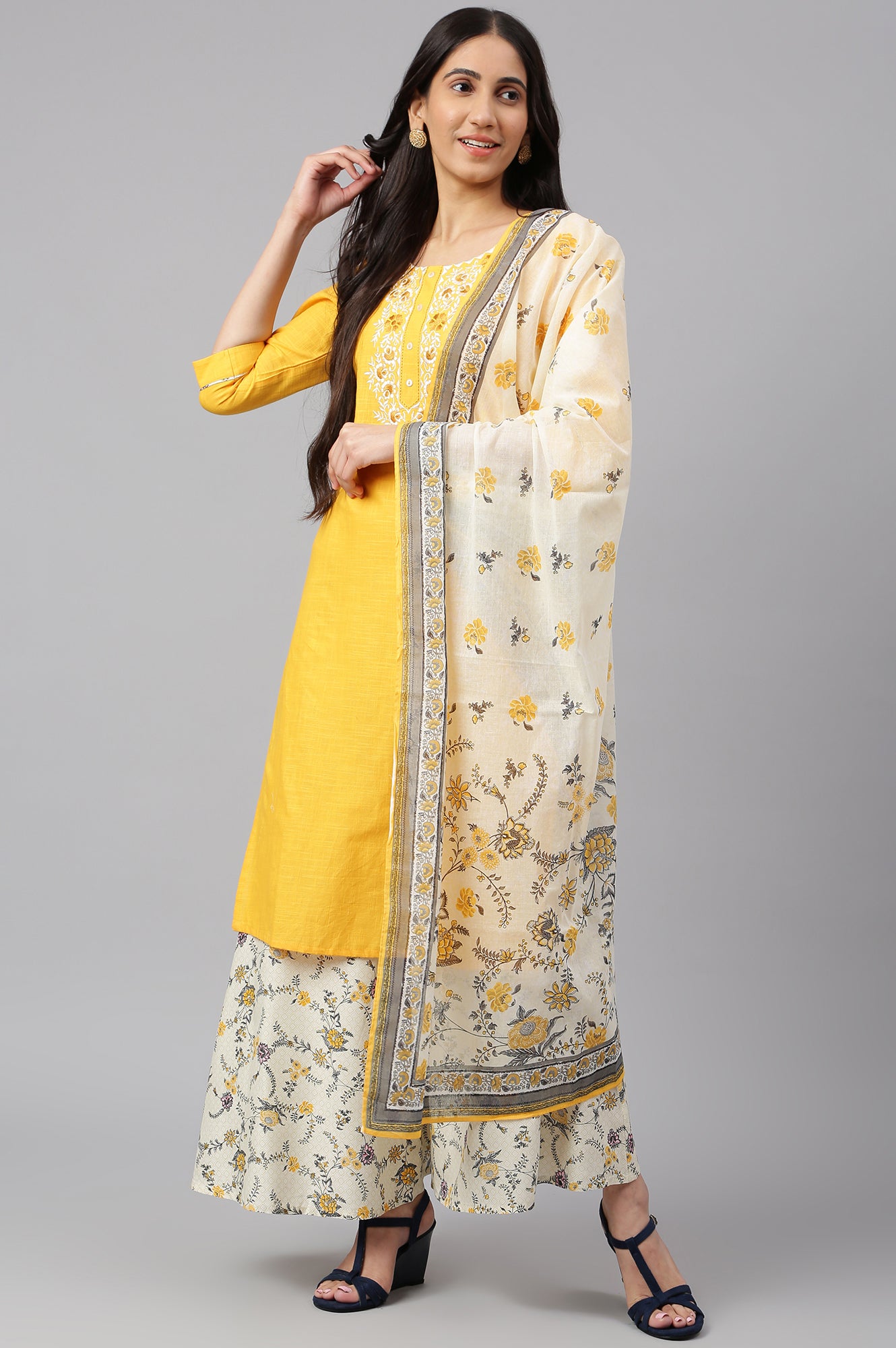 Yellow Embroidered kurta- Light Yellow Palazzo-Dupatta