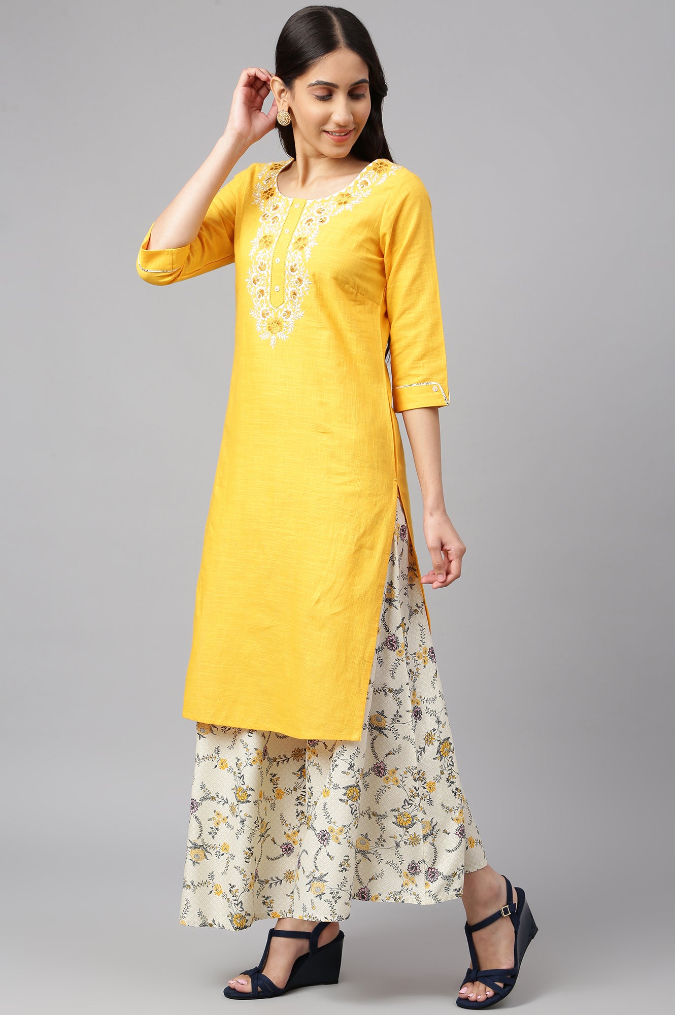 Yellow Embroidered kurta- Light Yellow Palazzo-Dupatta