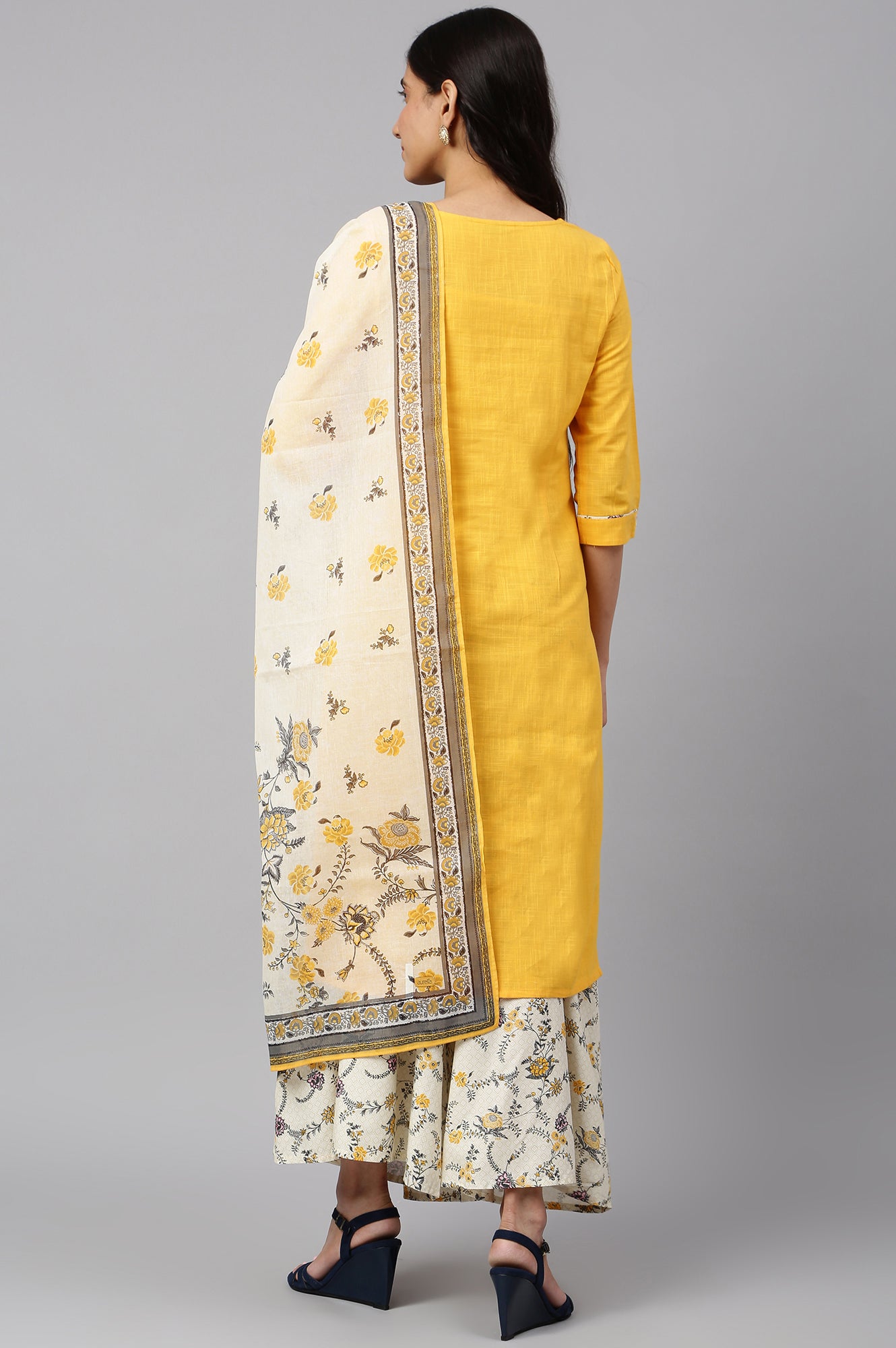 Yellow Embroidered kurta- Light Yellow Palazzo-Dupatta