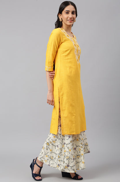 Yellow Embroidered kurta- Light Yellow Palazzo-Dupatta