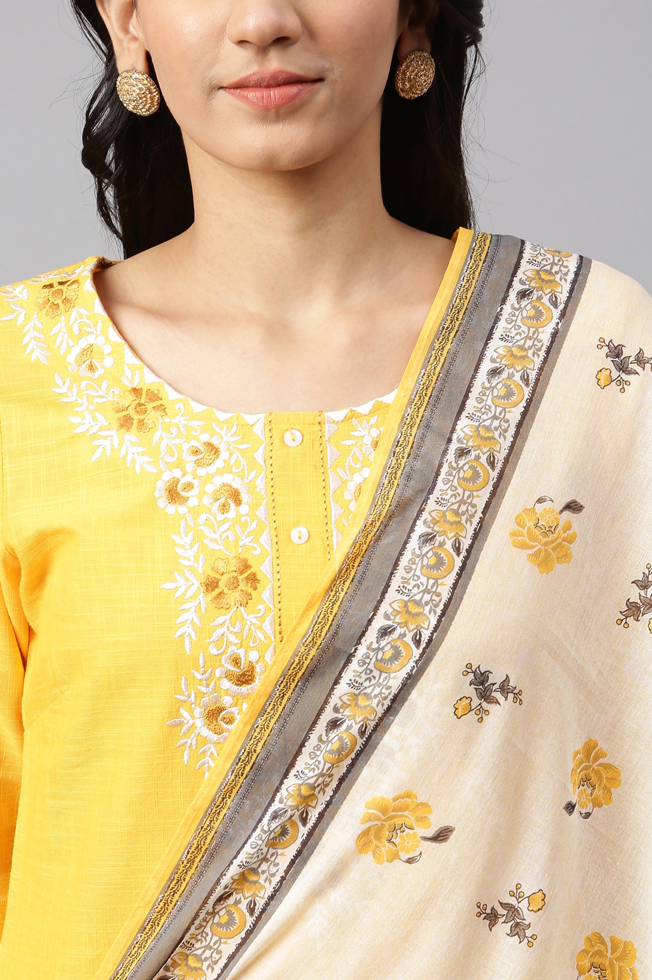 Yellow Embroidered kurta- Light Yellow Palazzo-Dupatta