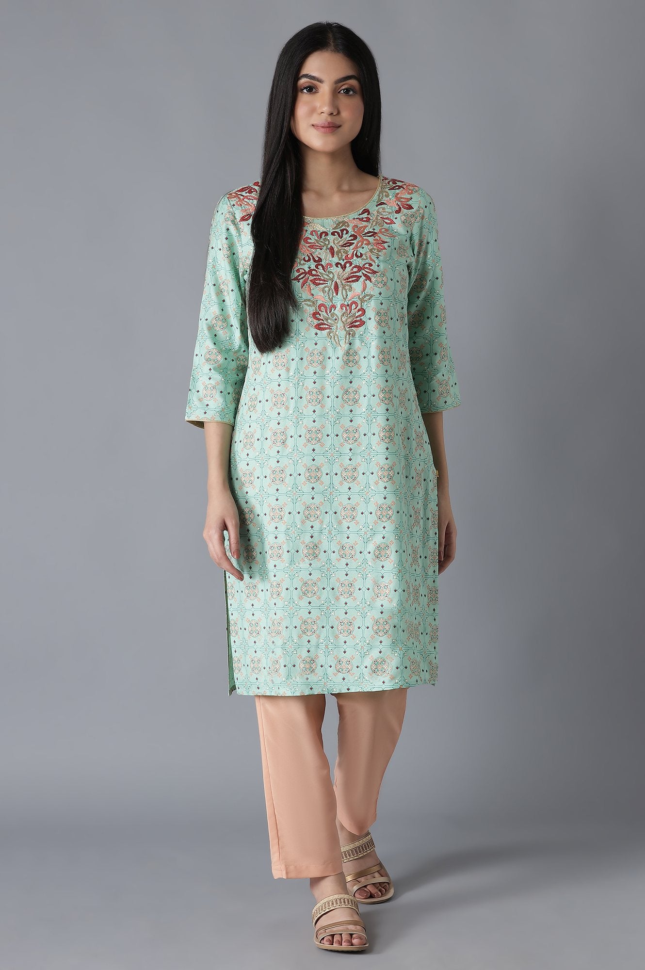 Green Glittered Geometric Print kurta Trousers Set