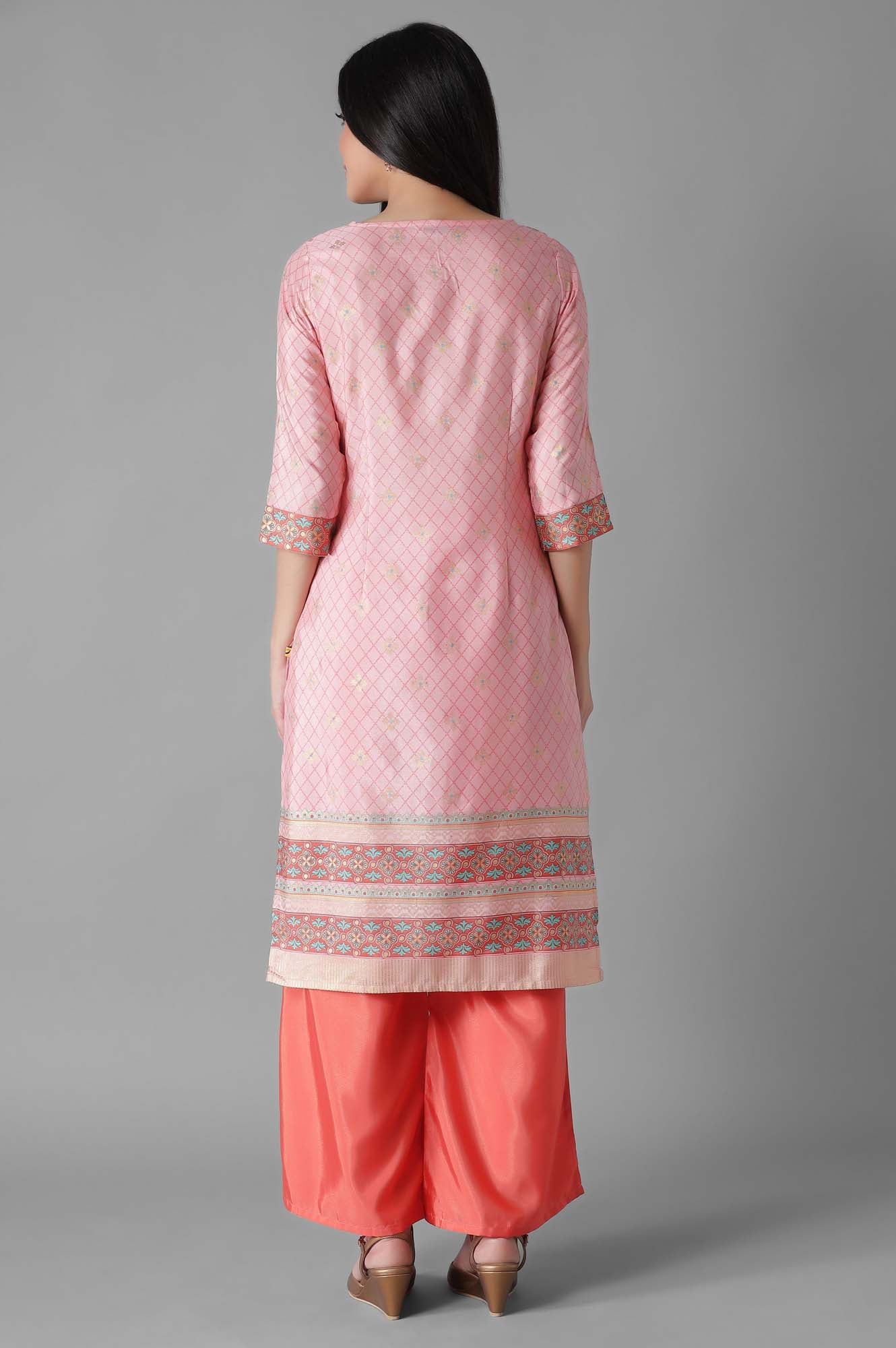 Pink Foil Geometric Print kurta Palazzos Set