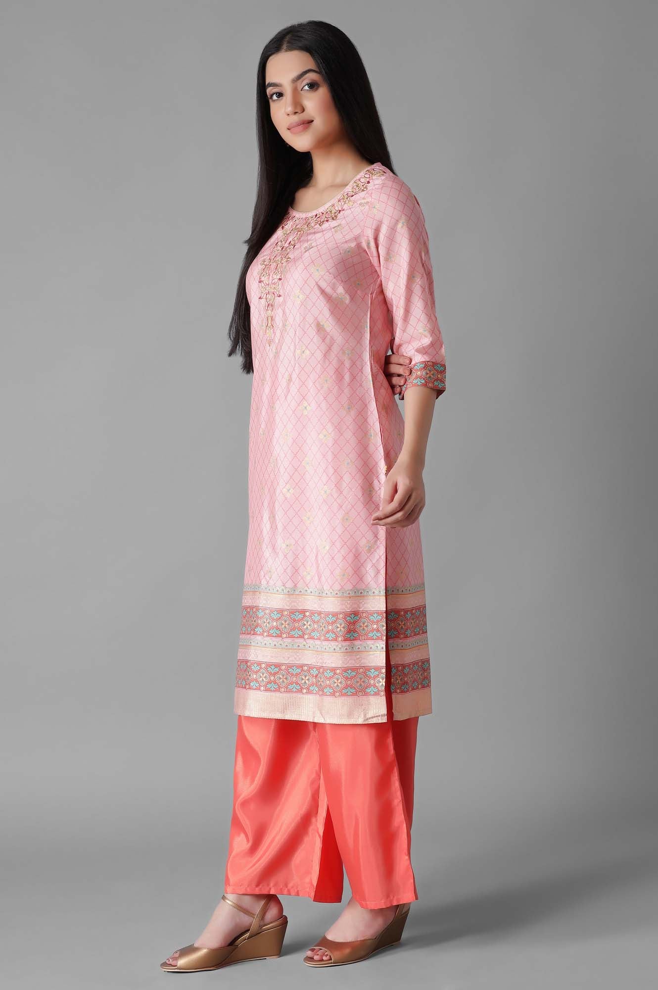 Pink Foil Geometric Print kurta Palazzos Set