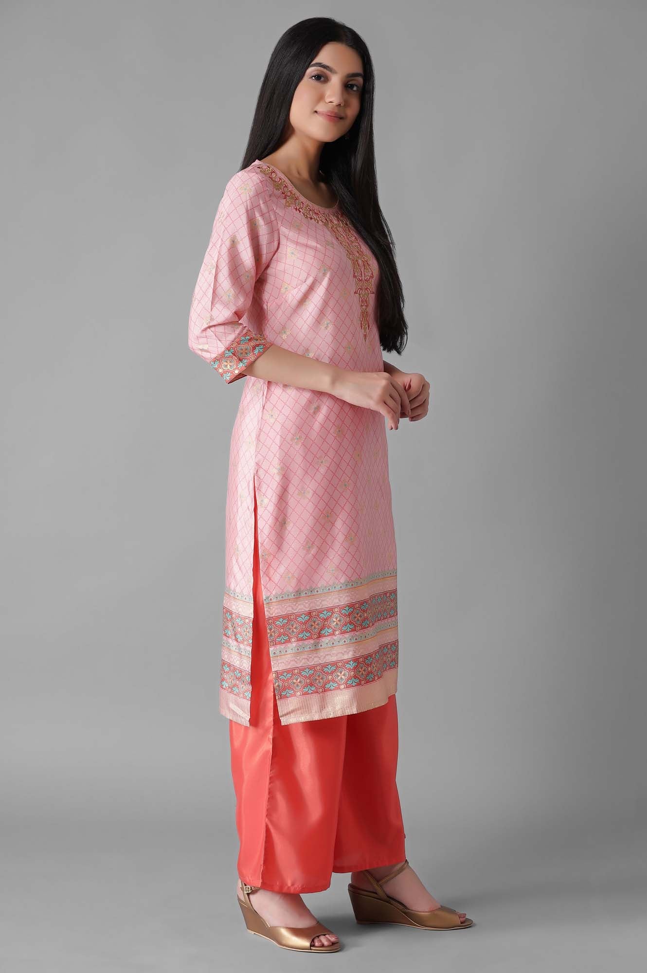 Pink Foil Geometric Print kurta Palazzos Set