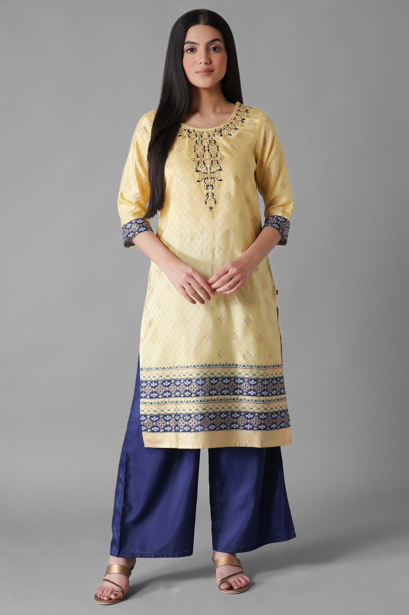 Yellow Foil Geometric Print kurta Palazzos Set