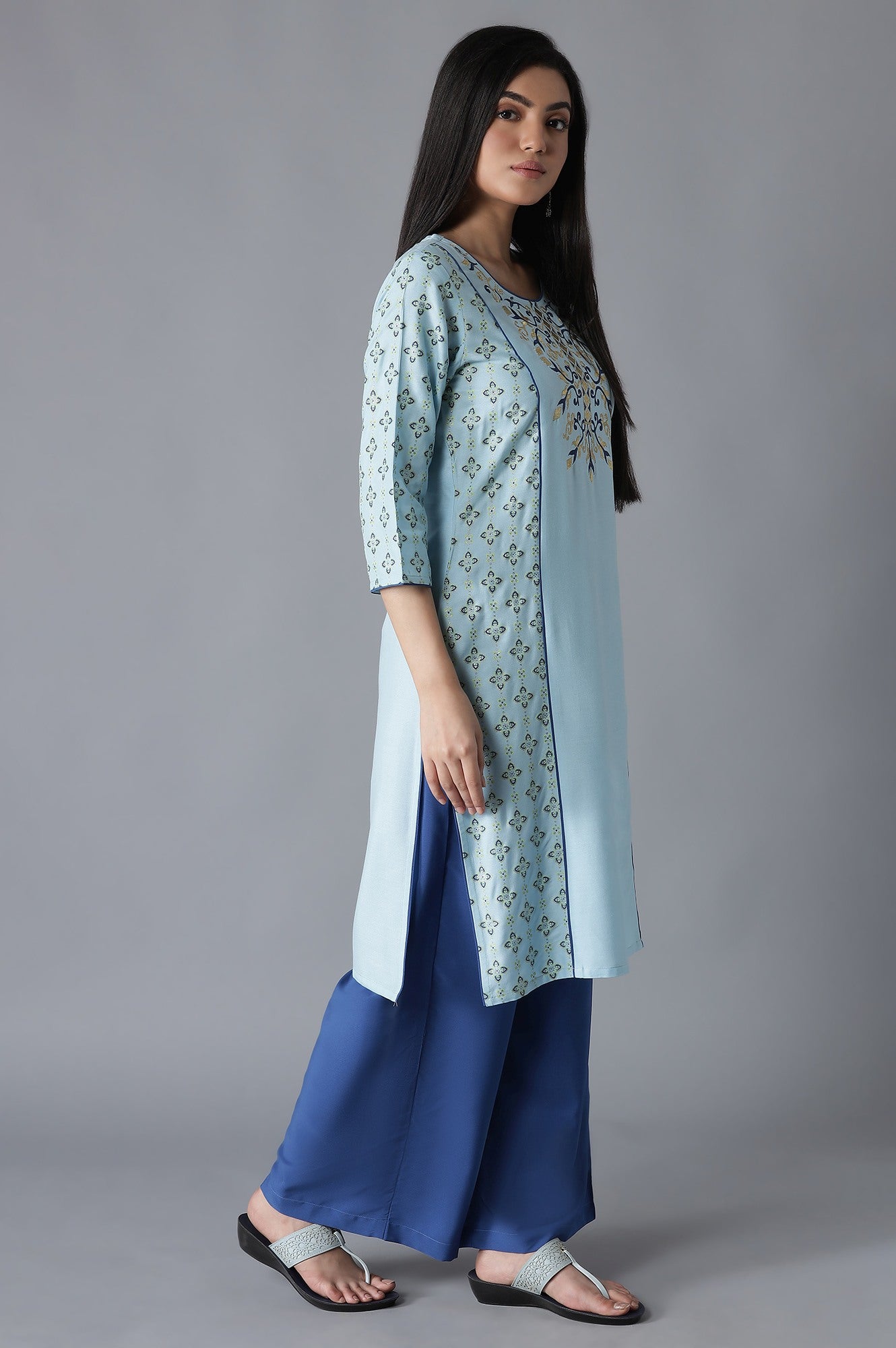 Blue Embroidered Panelled kurta Palazzos Set