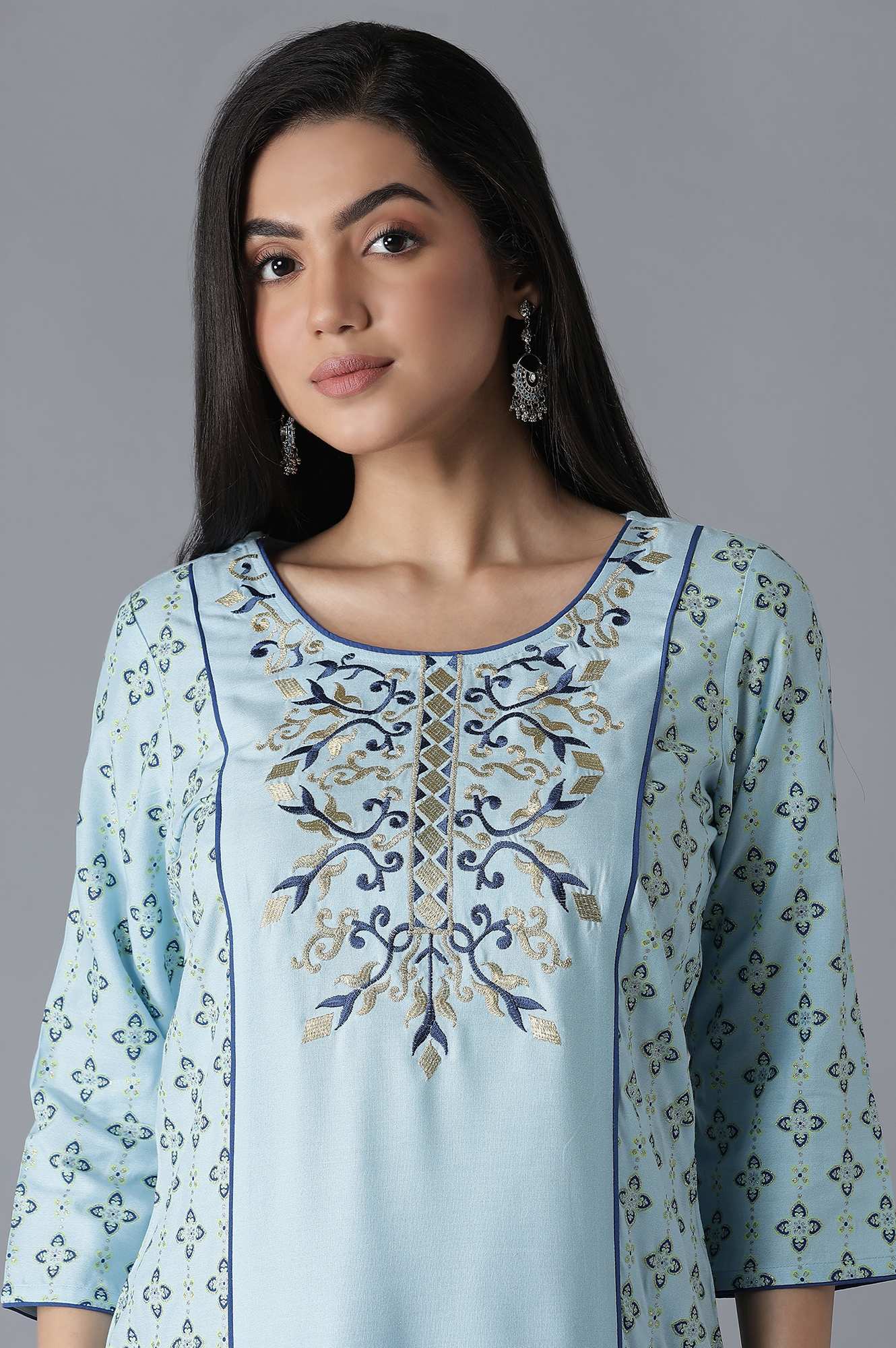 Blue Embroidered Panelled kurta Palazzos Set