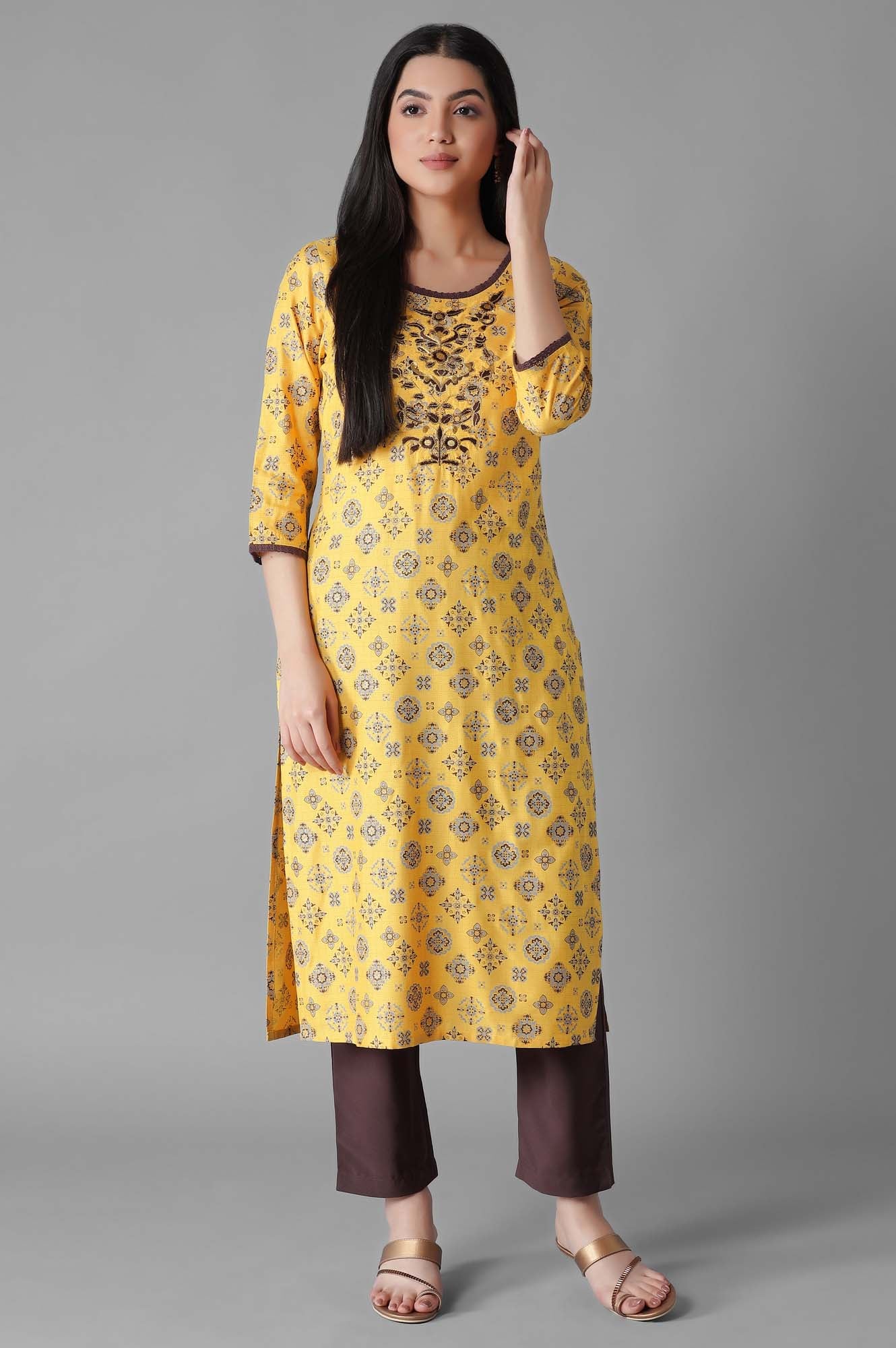 Mustard Glittered Geometric Print kurta Trousers Set