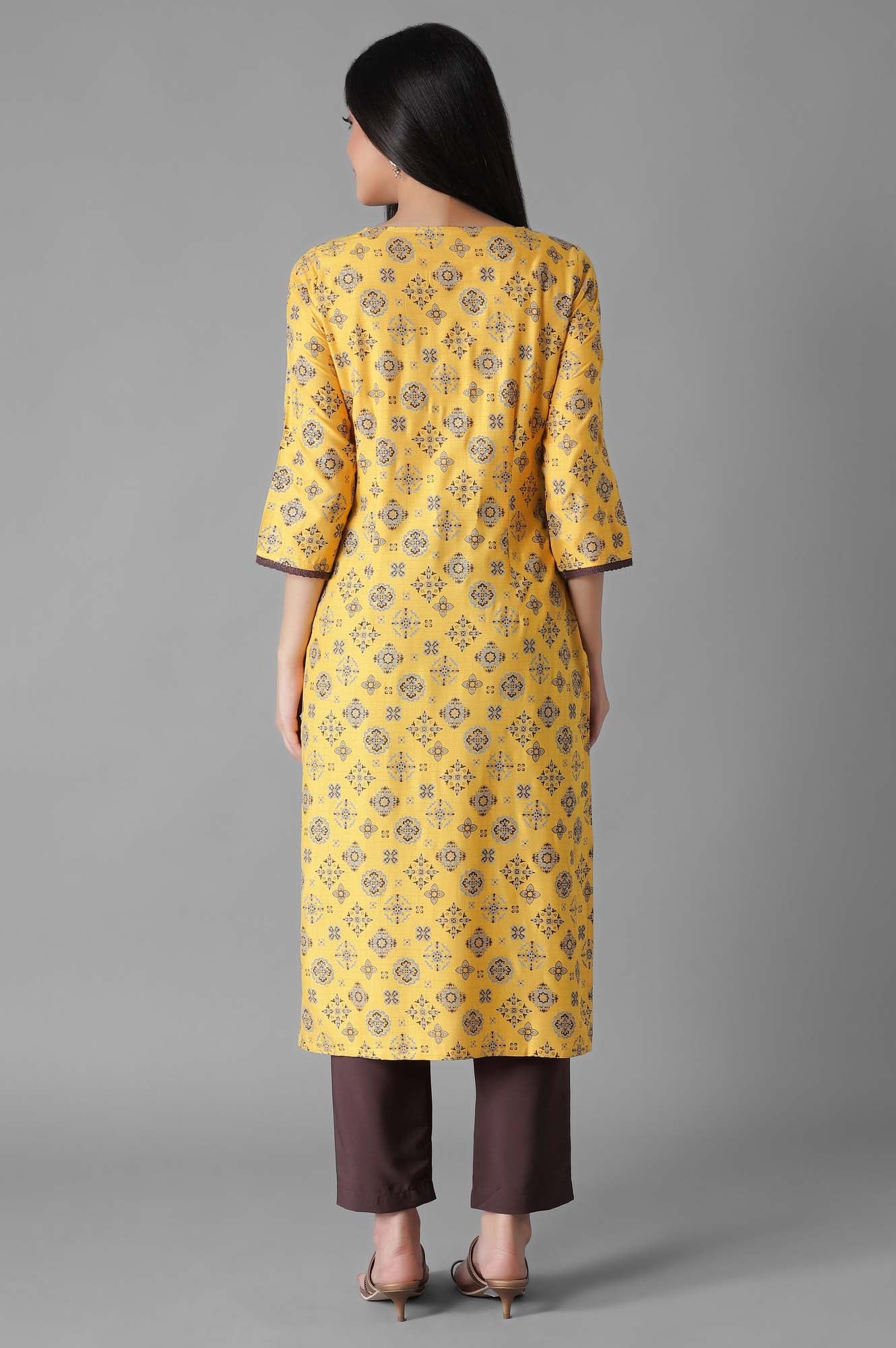 Mustard Glittered Geometric Print kurta Trousers Set