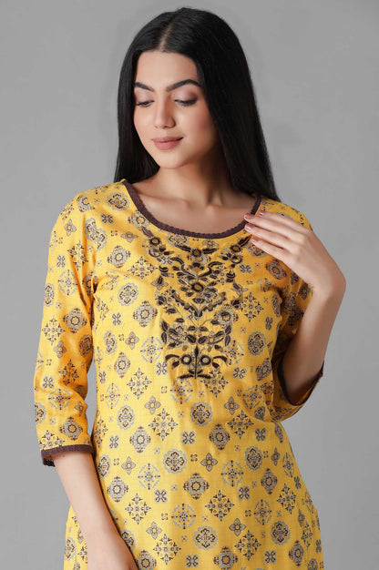 Mustard Glittered Geometric Print kurta Trousers Set