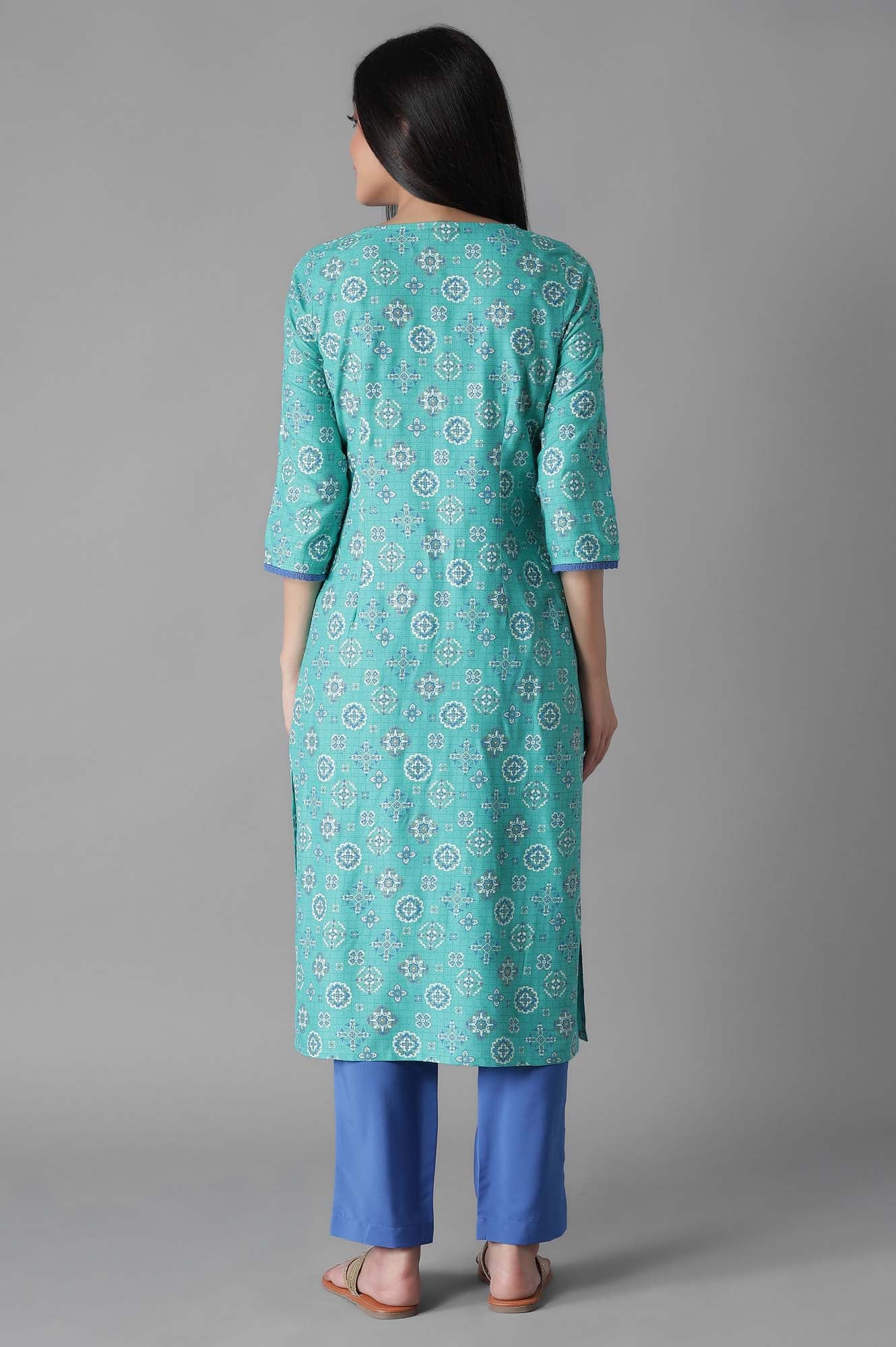 Blue Glittered Geometric Print kurta Trousers Set