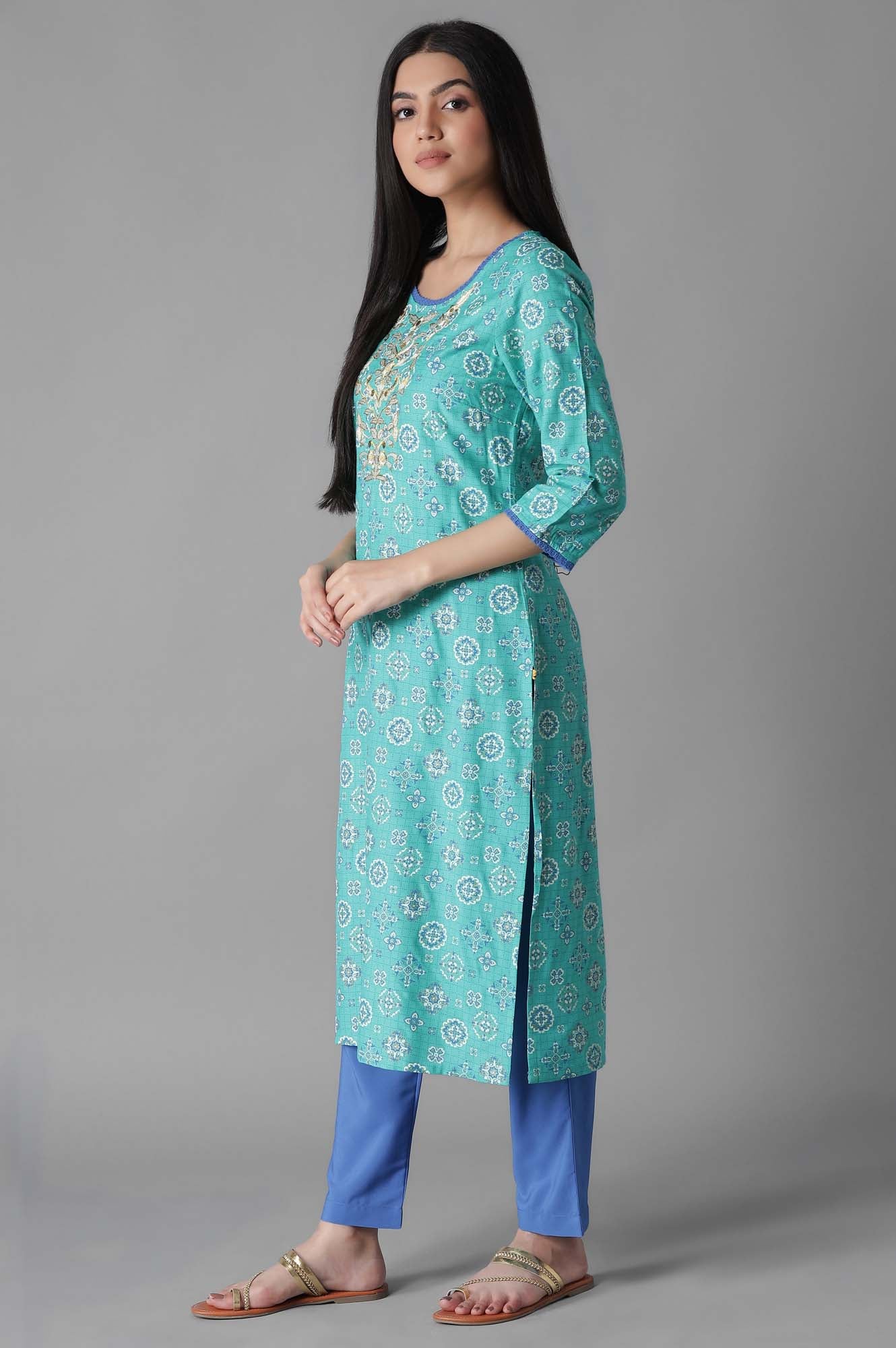 Blue Glittered Geometric Print kurta Trousers Set