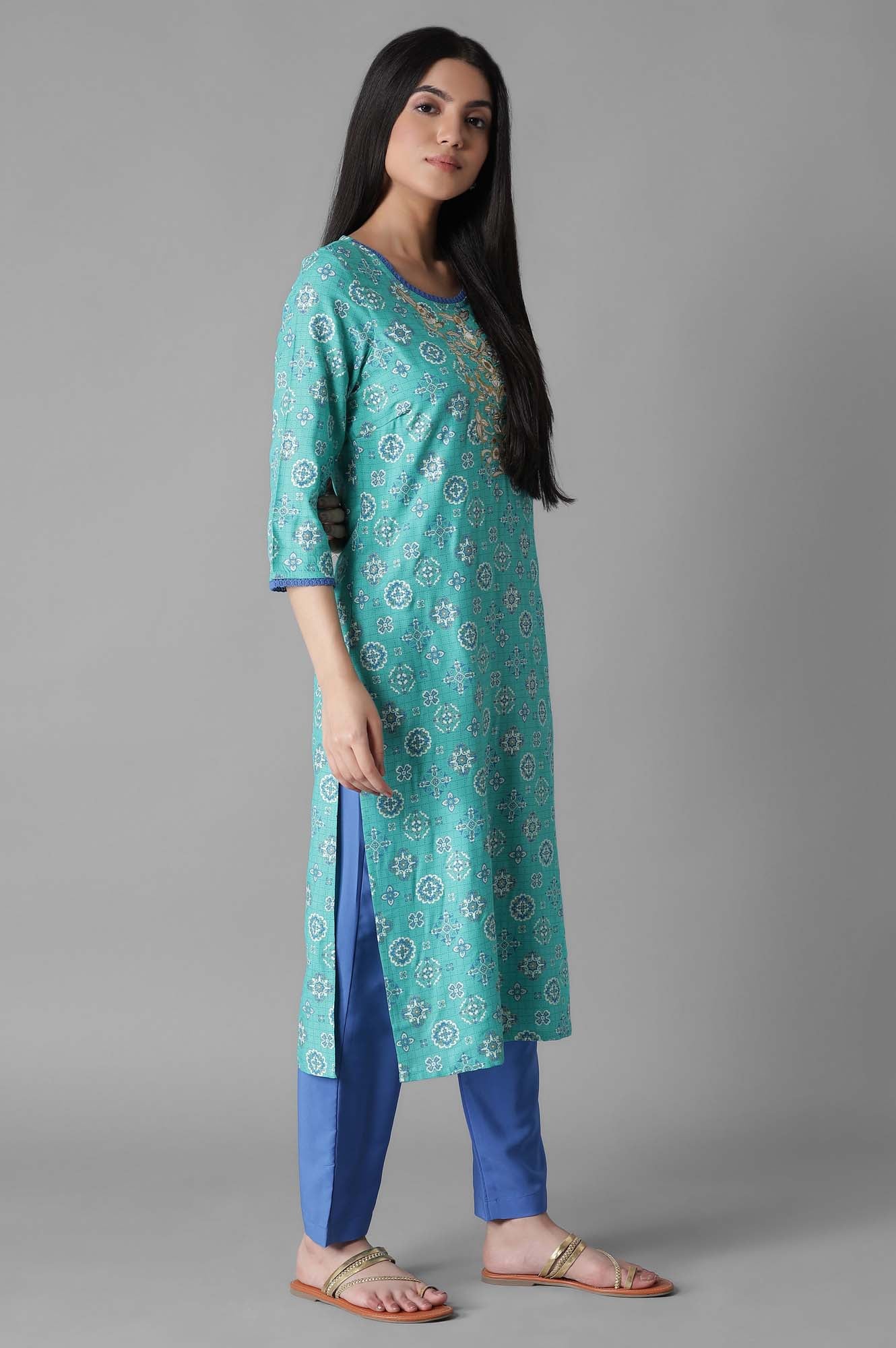 Blue Glittered Geometric Print kurta Trousers Set