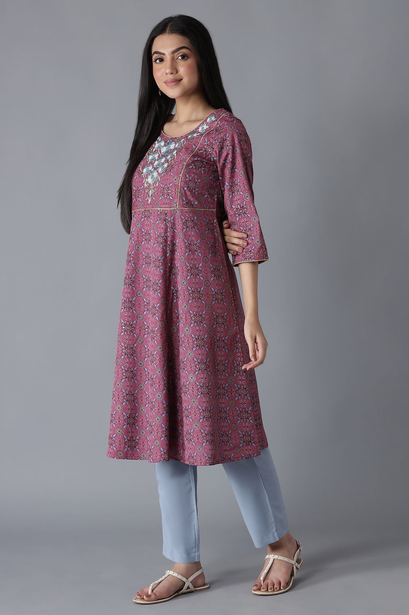 Purple Embroidered Anarkali kurta Trousers Set