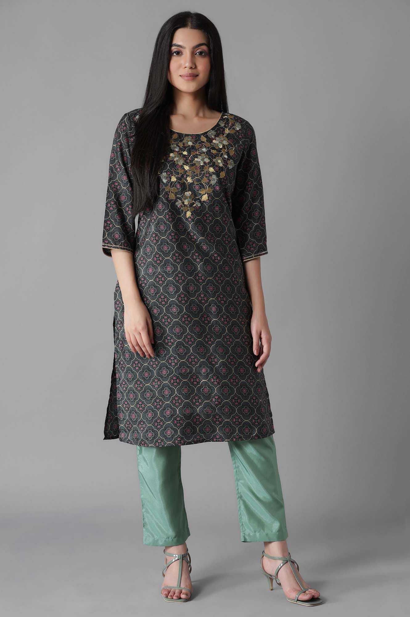 Black Embroidered Geometric Print kurta Trousers Set