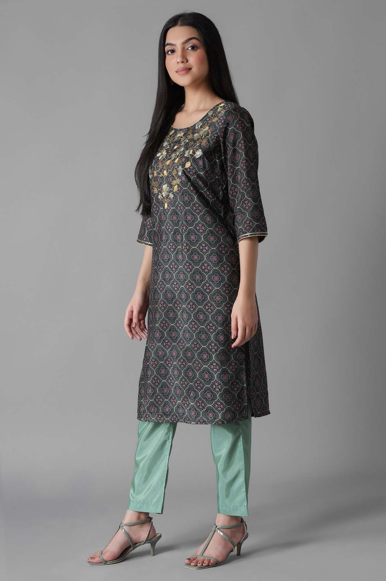 Black Embroidered Geometric Print kurta Trousers Set