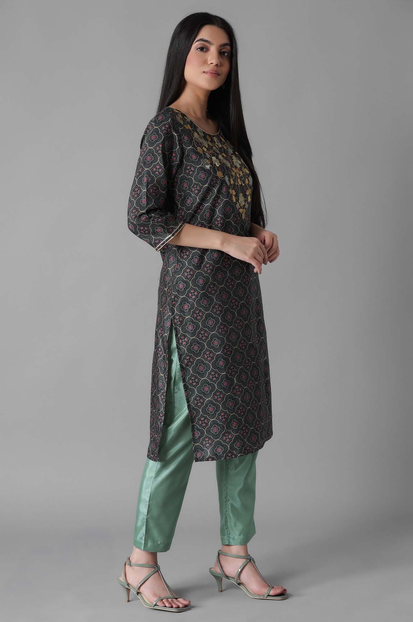 Black Embroidered Geometric Print kurta Trousers Set