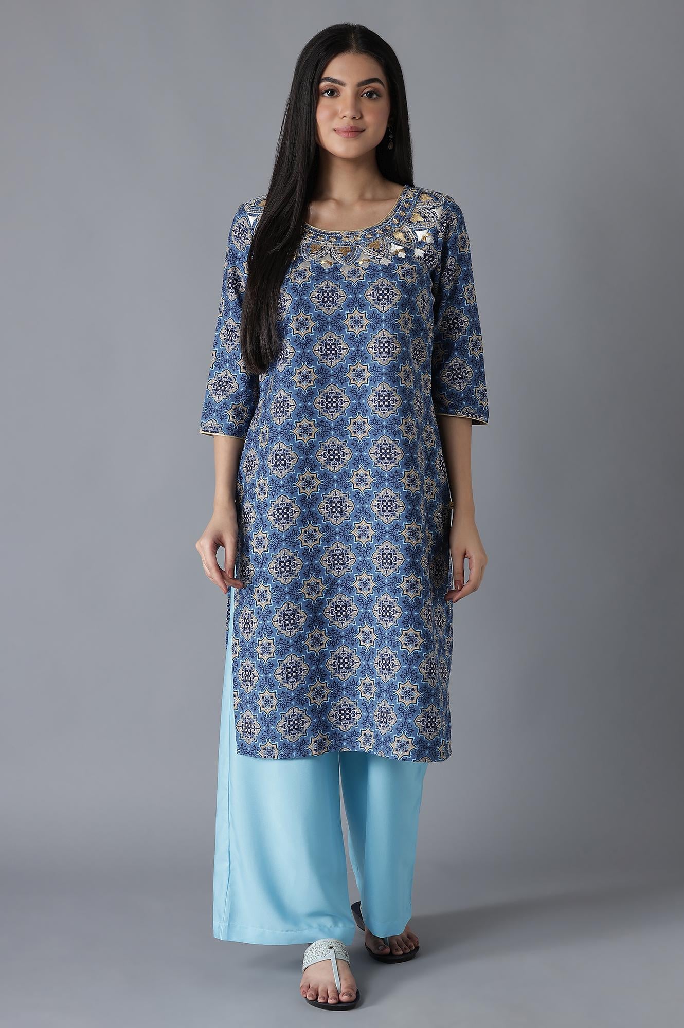 Blue Embroidered Straight kurta Palazzos Set