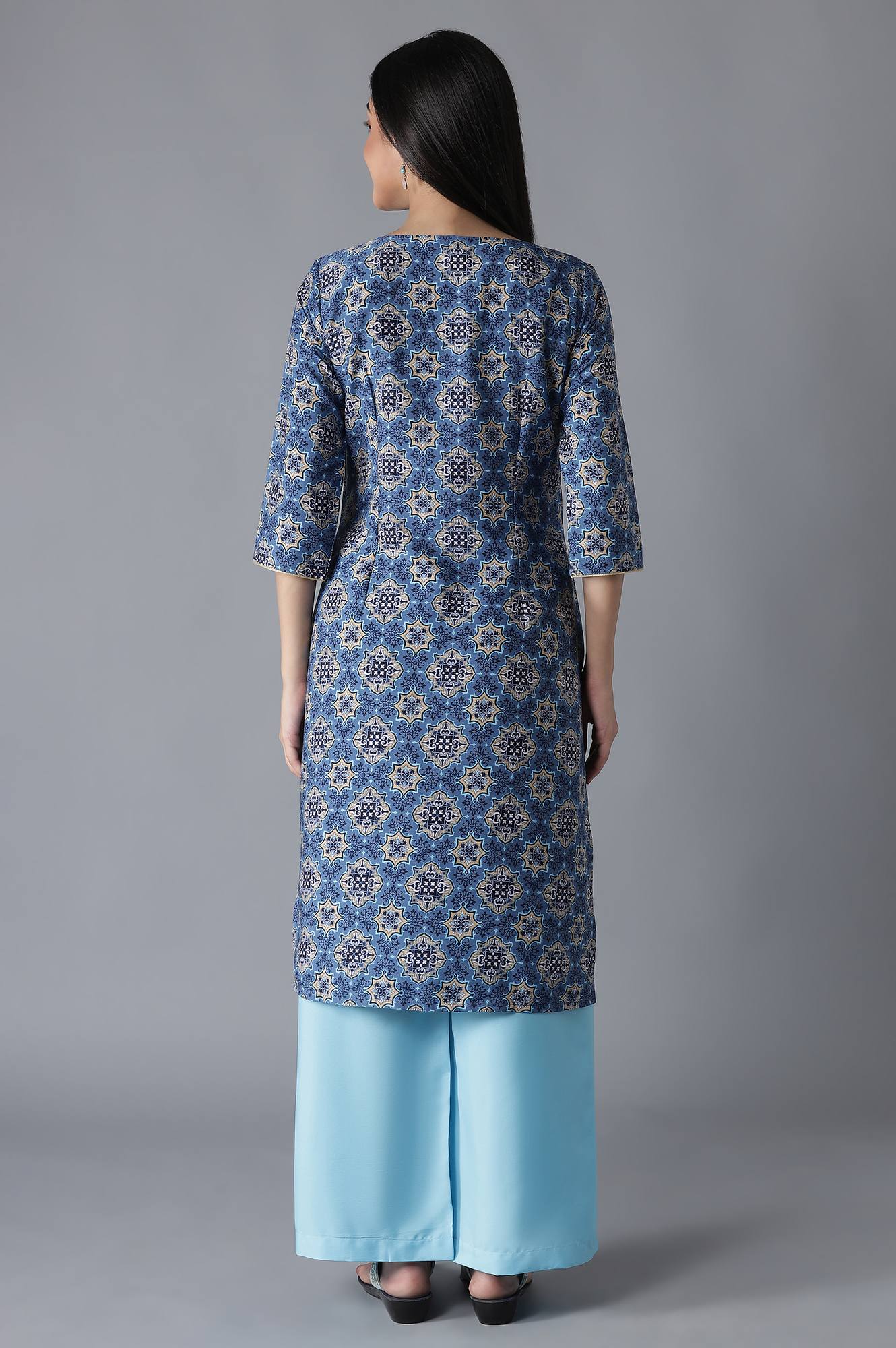 Blue Embroidered Straight kurta Palazzos Set