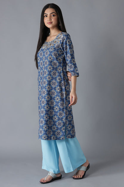 Blue Embroidered Straight kurta Palazzos Set