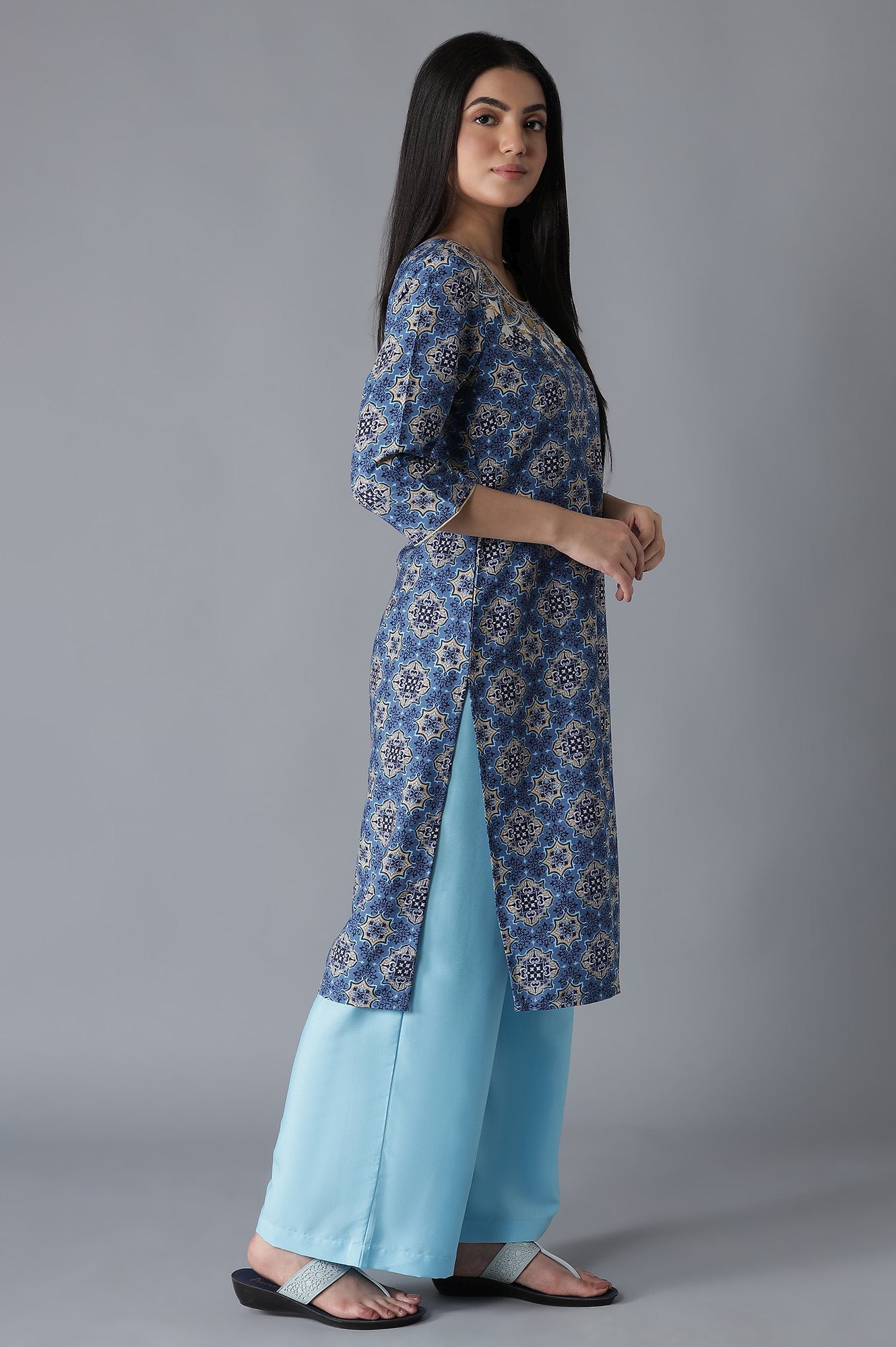 Blue Embroidered Straight kurta Palazzos Set