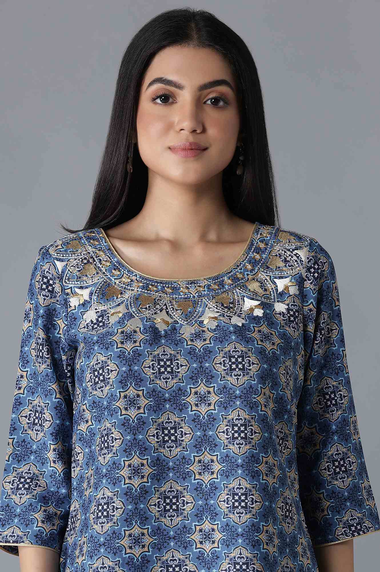 Blue Embroidered Straight kurta Palazzos Set