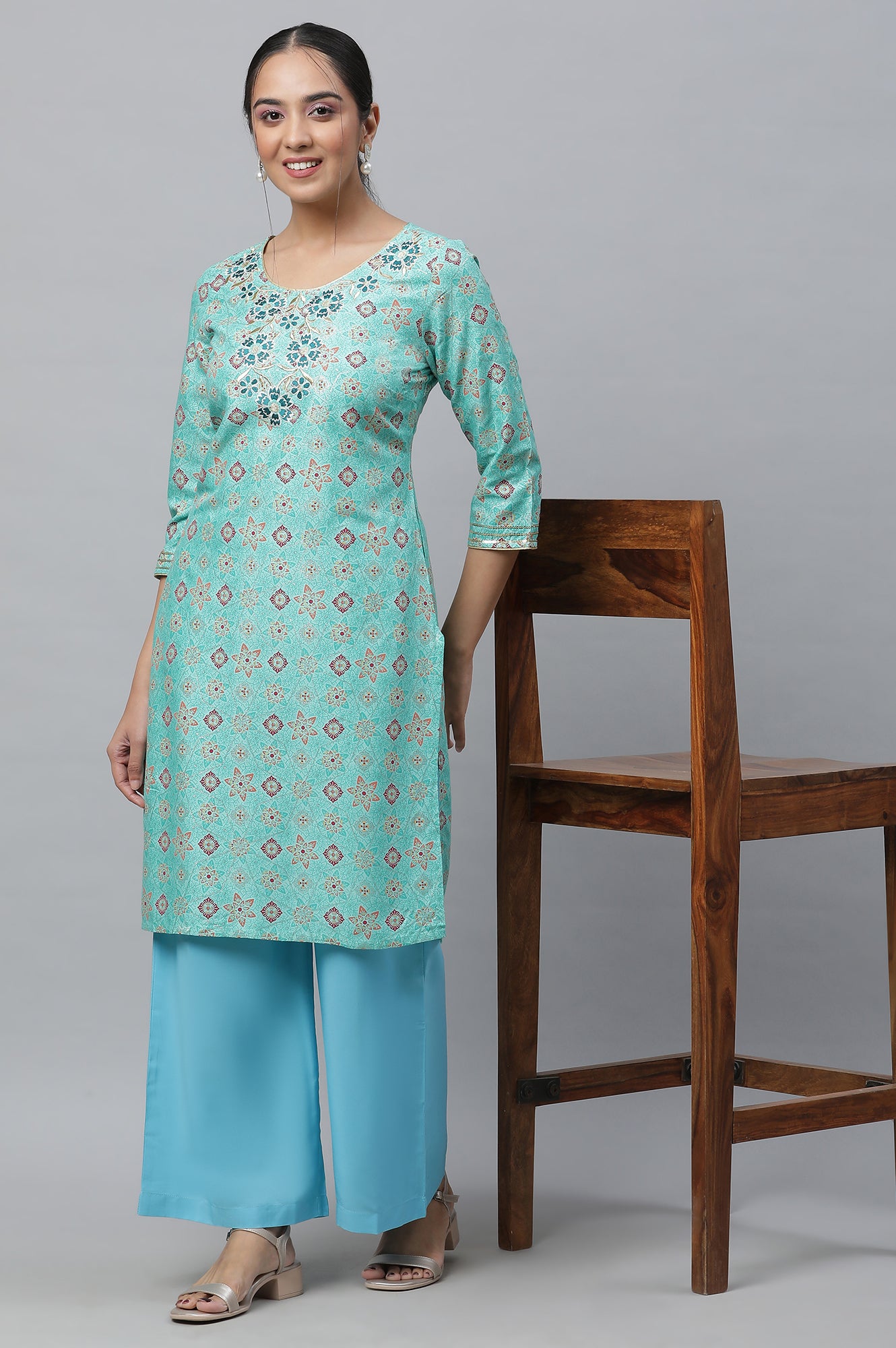 Green Embroidered Geometric Print kurta Palazzos Set