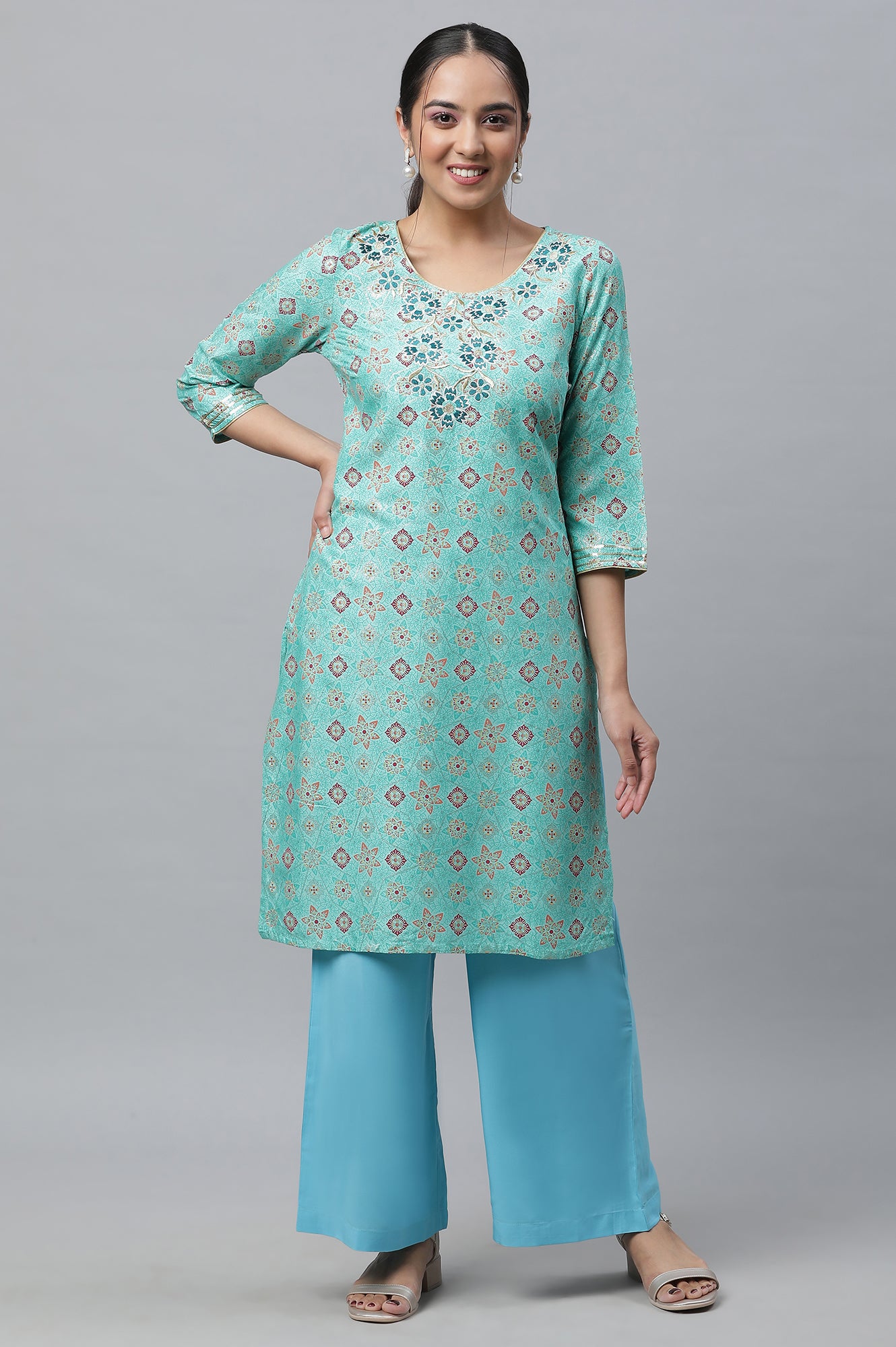 Green Embroidered Geometric Print kurta Palazzos Set