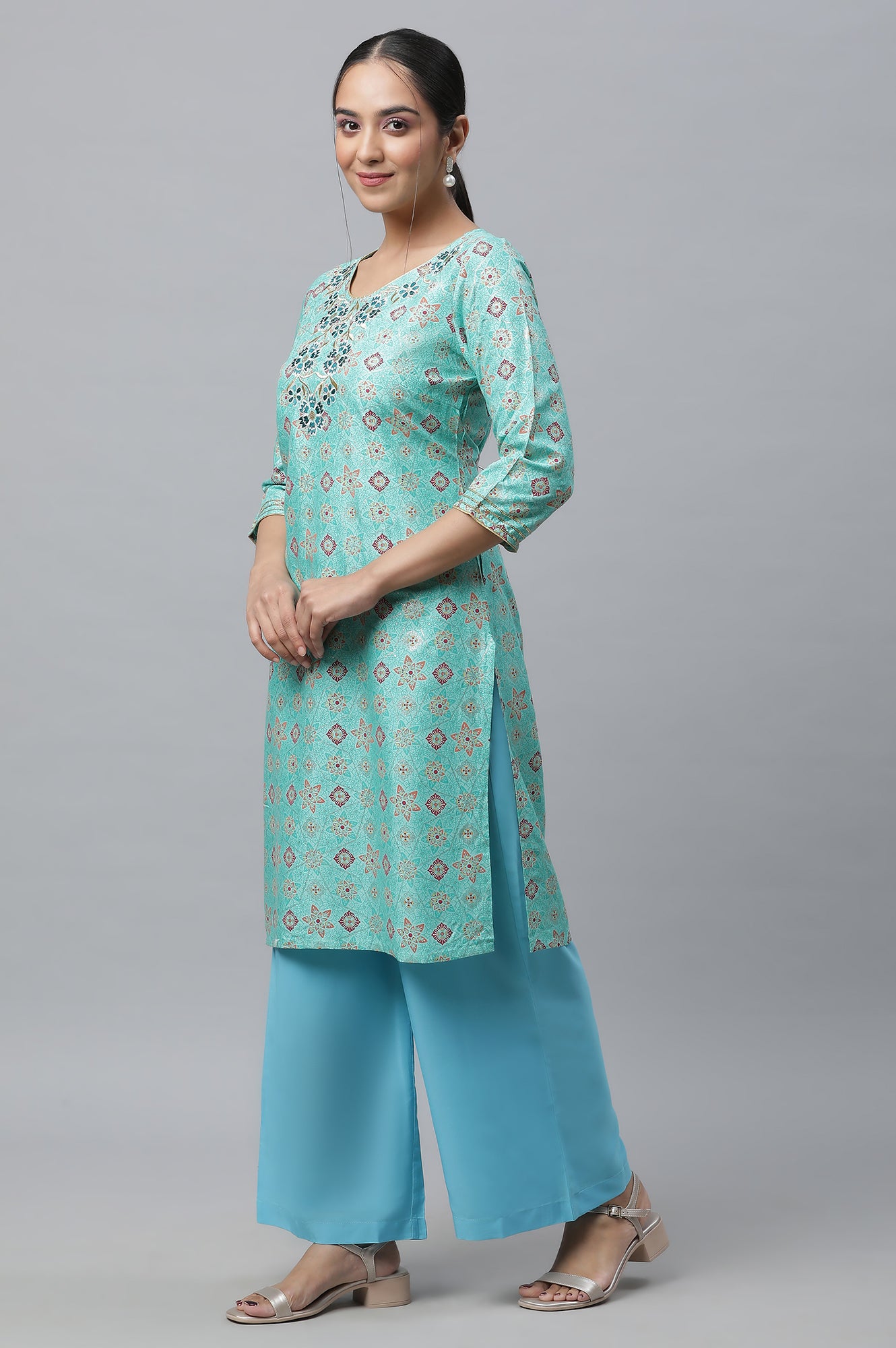 Green Embroidered Geometric Print kurta Palazzos Set