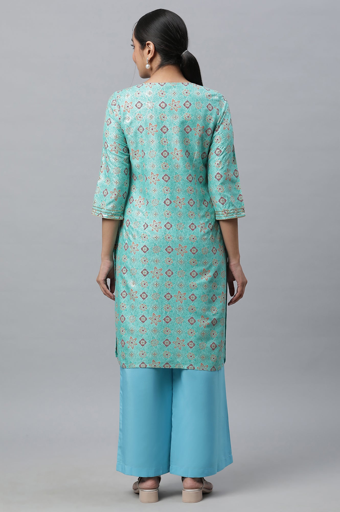 Green Embroidered Geometric Print kurta Palazzos Set